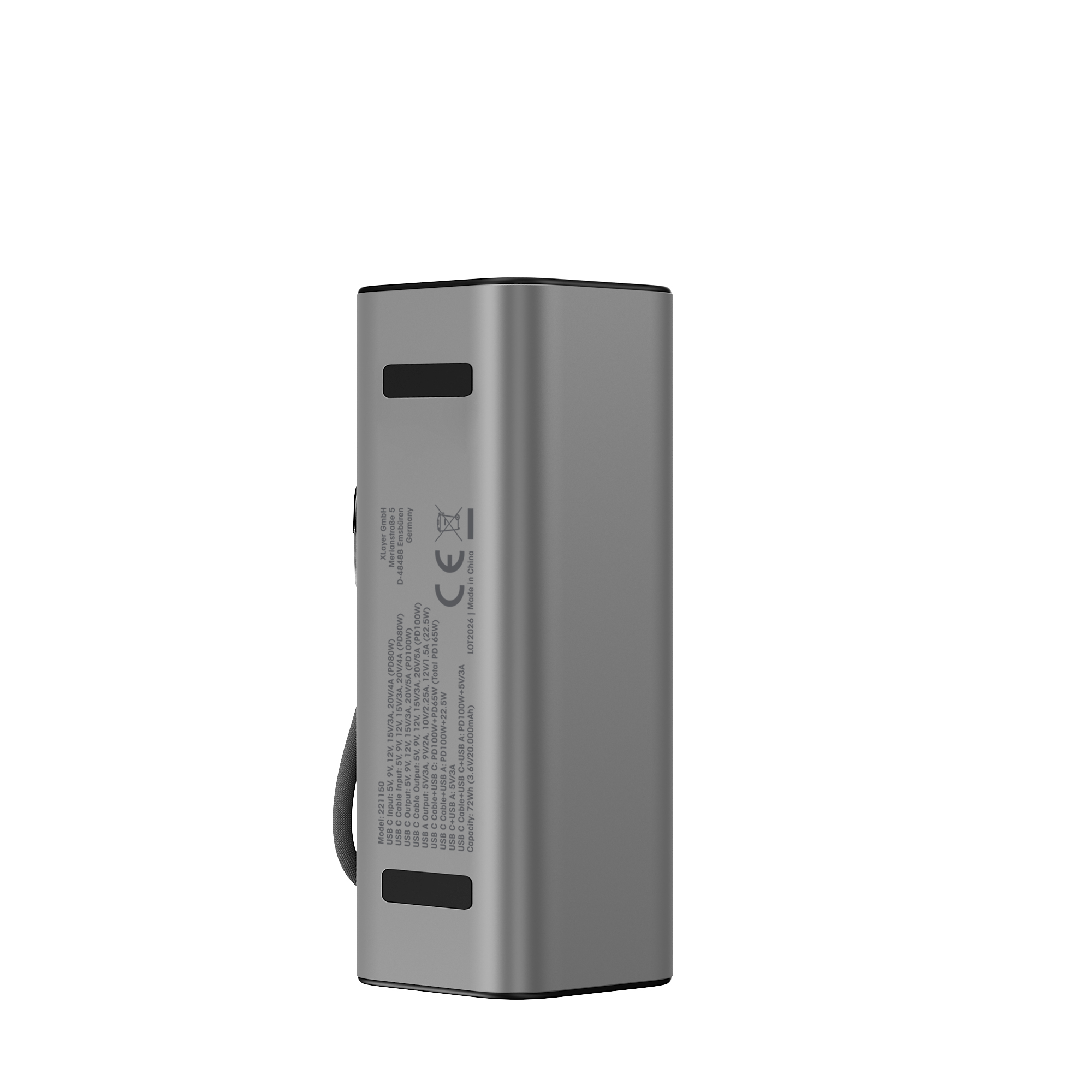 Eine graue rechteckige Powerbank mit schwarzen Akzenten und Textdetails.