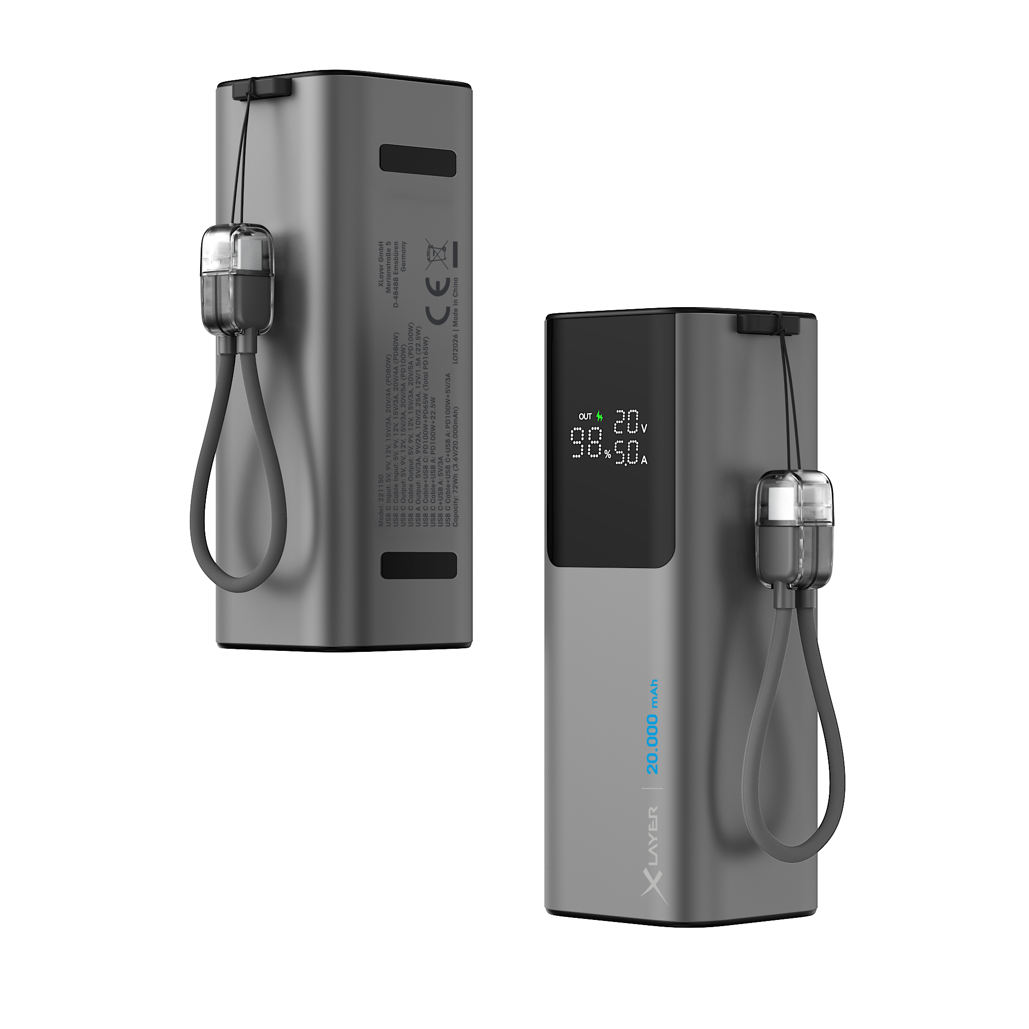 Zwei graue Powerbanks mit Lanyard. Eine zeigt 98.5% Ladung und 20V/5A an.