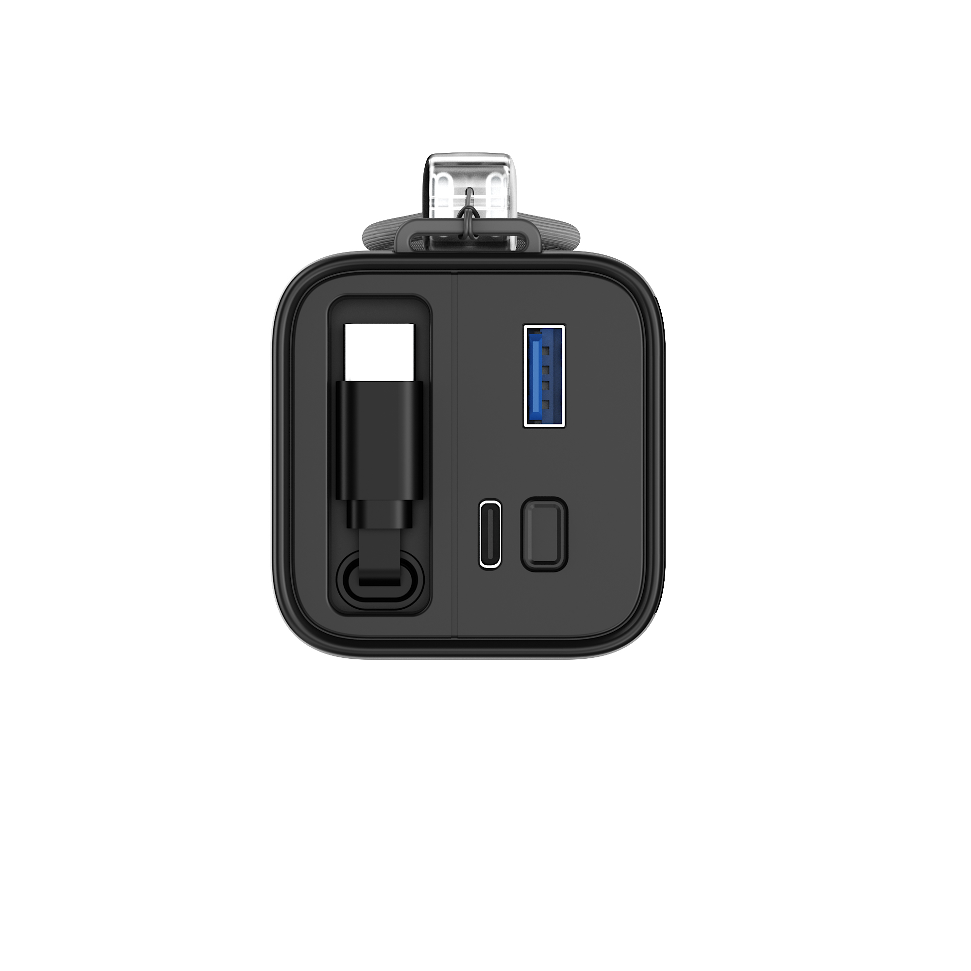 Schwarzes Ladegerät mit USB-A, USB-C und einem Ladeanschluss.