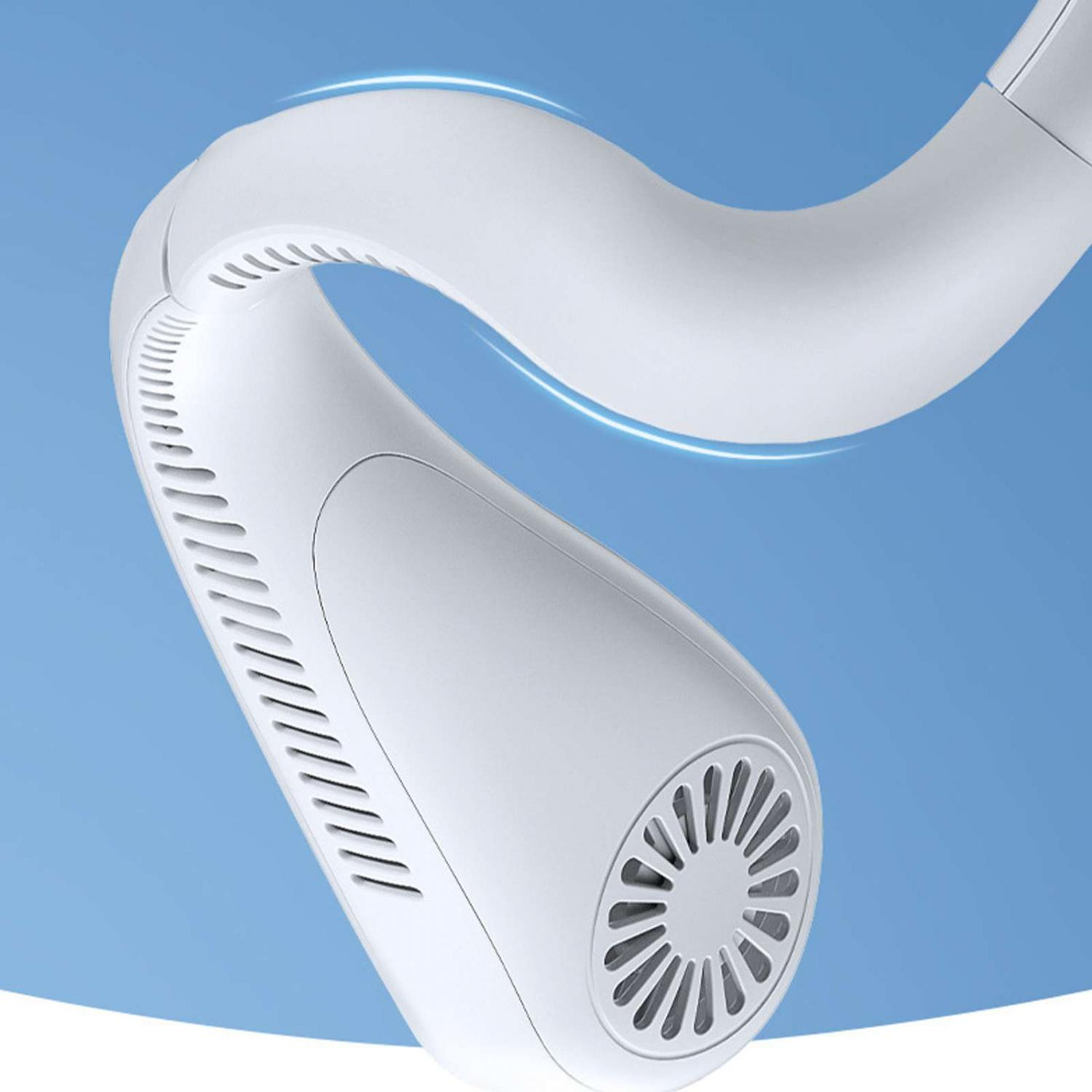 Ein weißer Nackenventilator mit Lüftungsschlitzen und einem runden Lüftergitter.