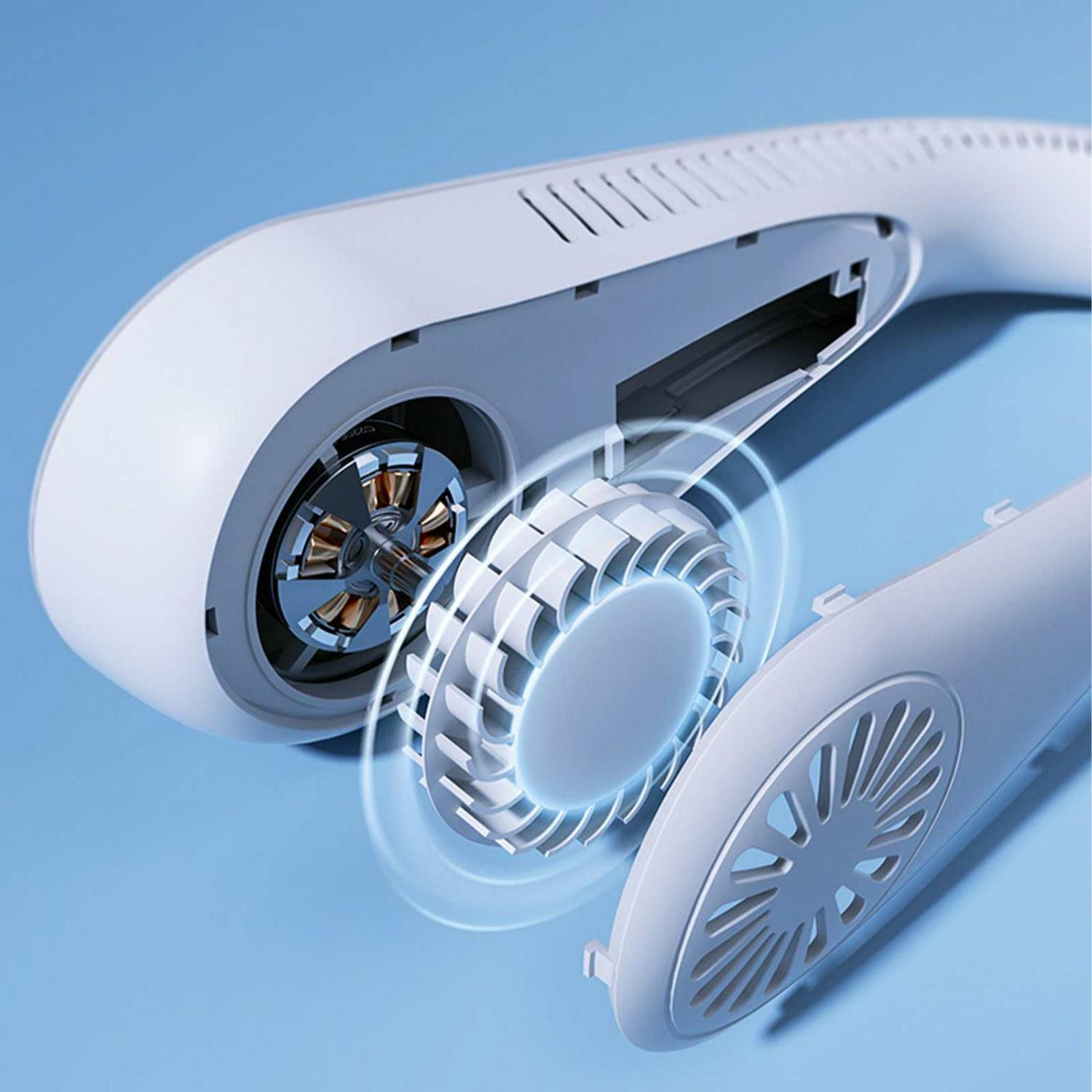 Ein weißer Nackenventilator mit freigelegten Lüfterblättern und Motor auf blauem Hintergrund.
