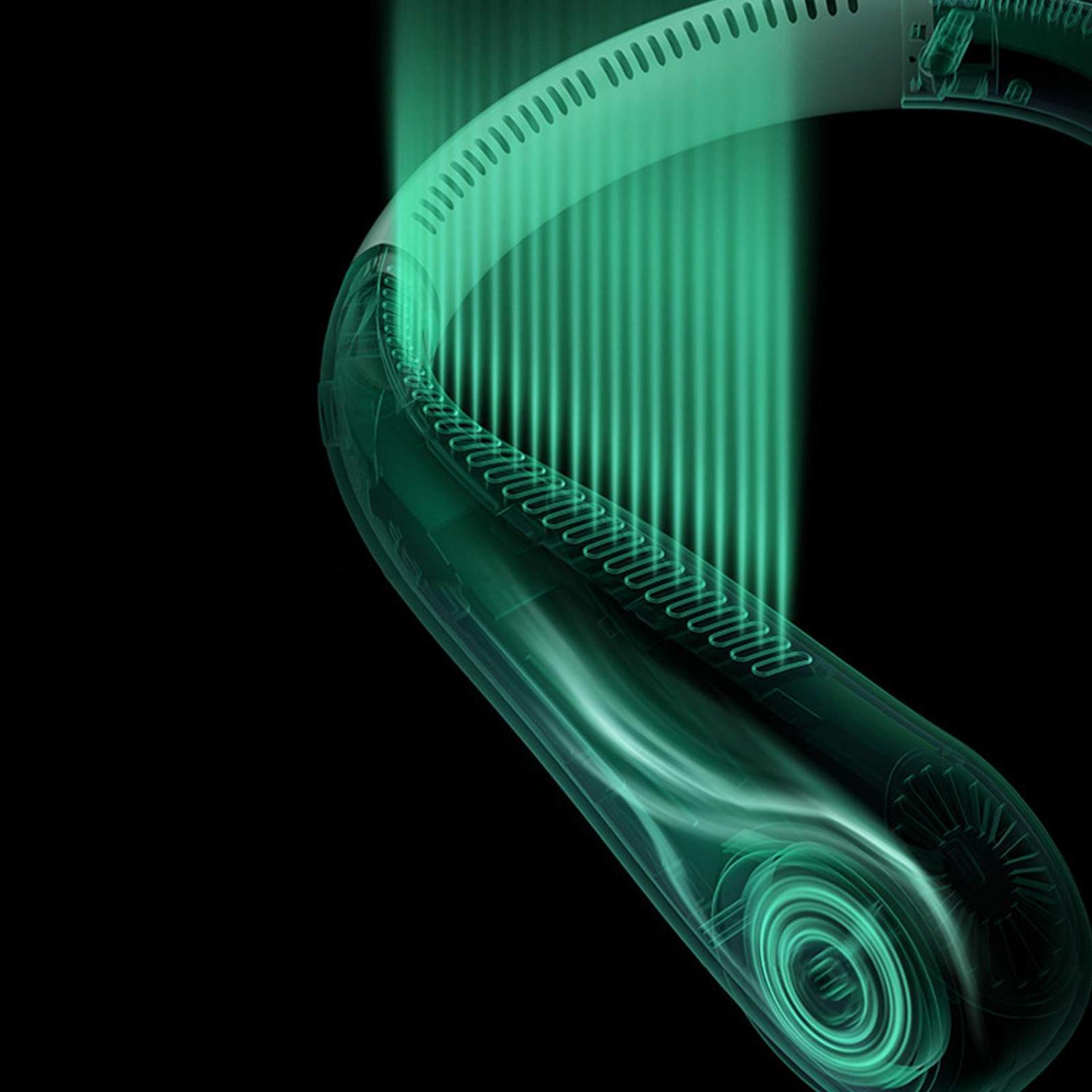Ein durchsichtiger grüner Nackenventilator mit Luftstrom-Animation auf schwarzem Hintergrund.
