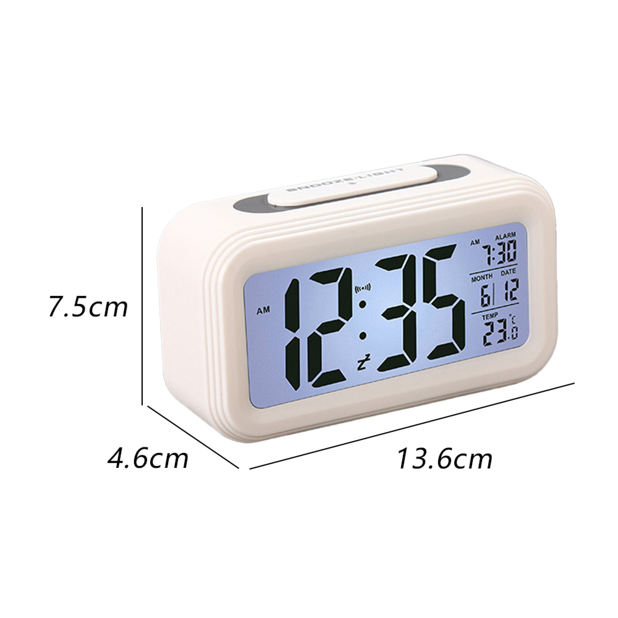 Ein beigefarbener Digitalwecker zeigt 12:35 Uhr, Alarm 7:30, Datum 6/12, Temperatur 23,6°C.