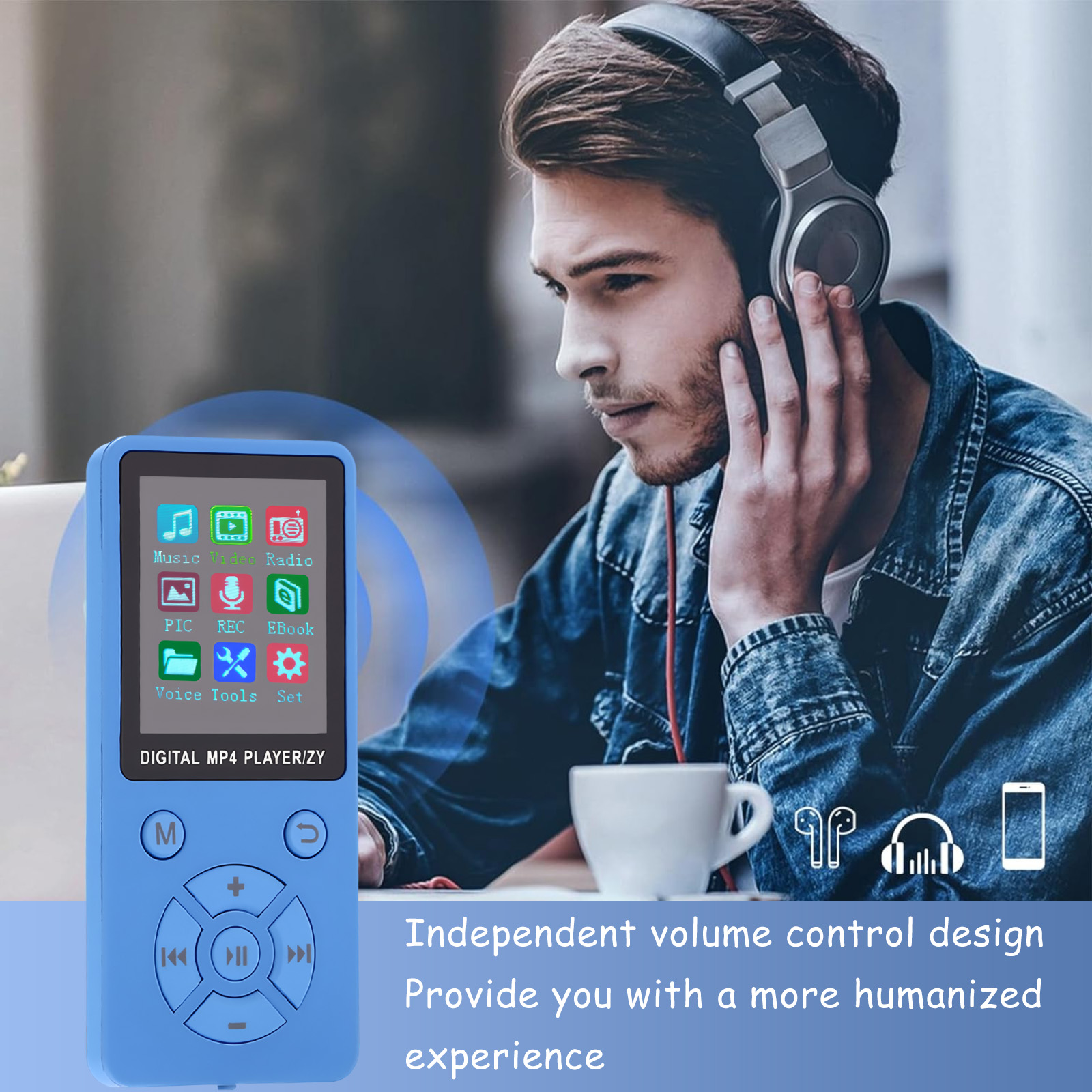 Ein Mann mit Kopfhörern hört Musik. Ein blauer MP4-Player mit Symbolen liegt vorne.