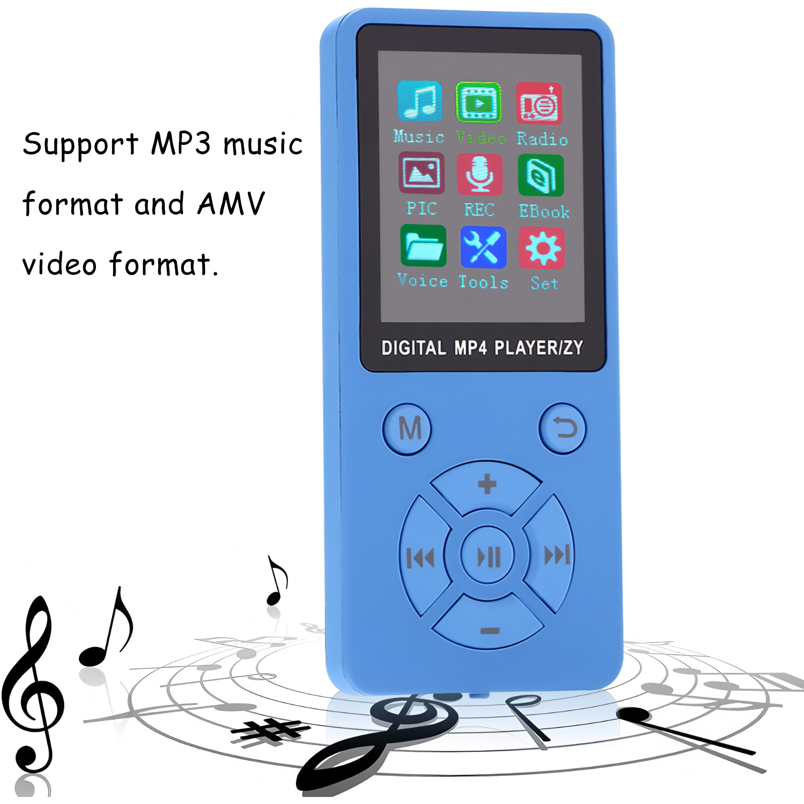 Ein blauer MP4-Player mit Symbolen für Musik, Video und Radio. Noten im Hintergrund.