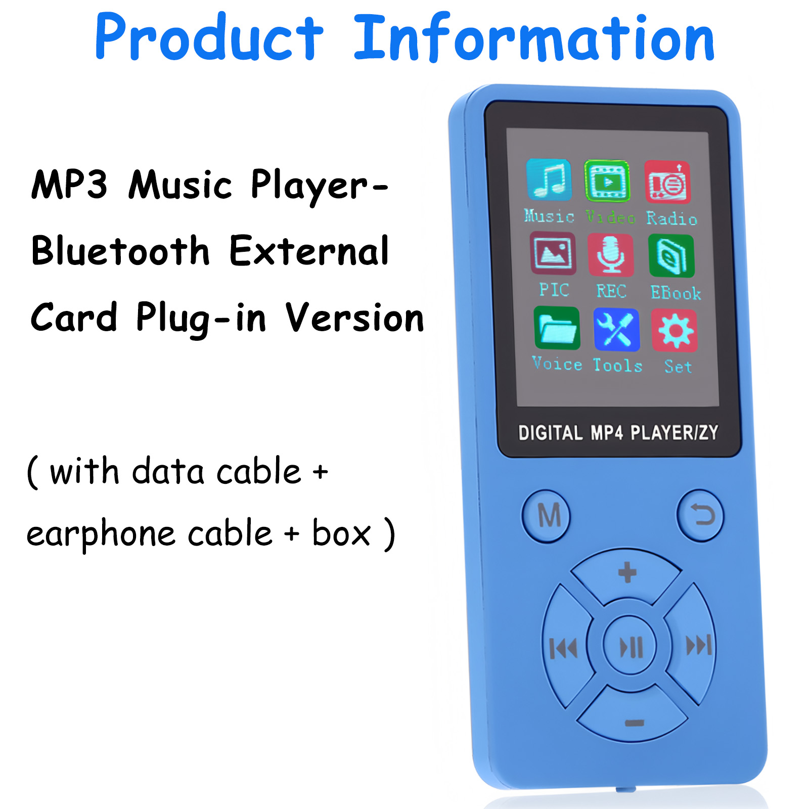 Ein blauer MP3-Player mit Musik-, Video-, Radio-, Foto-, Aufnahme- und E-Book-Funktionen.