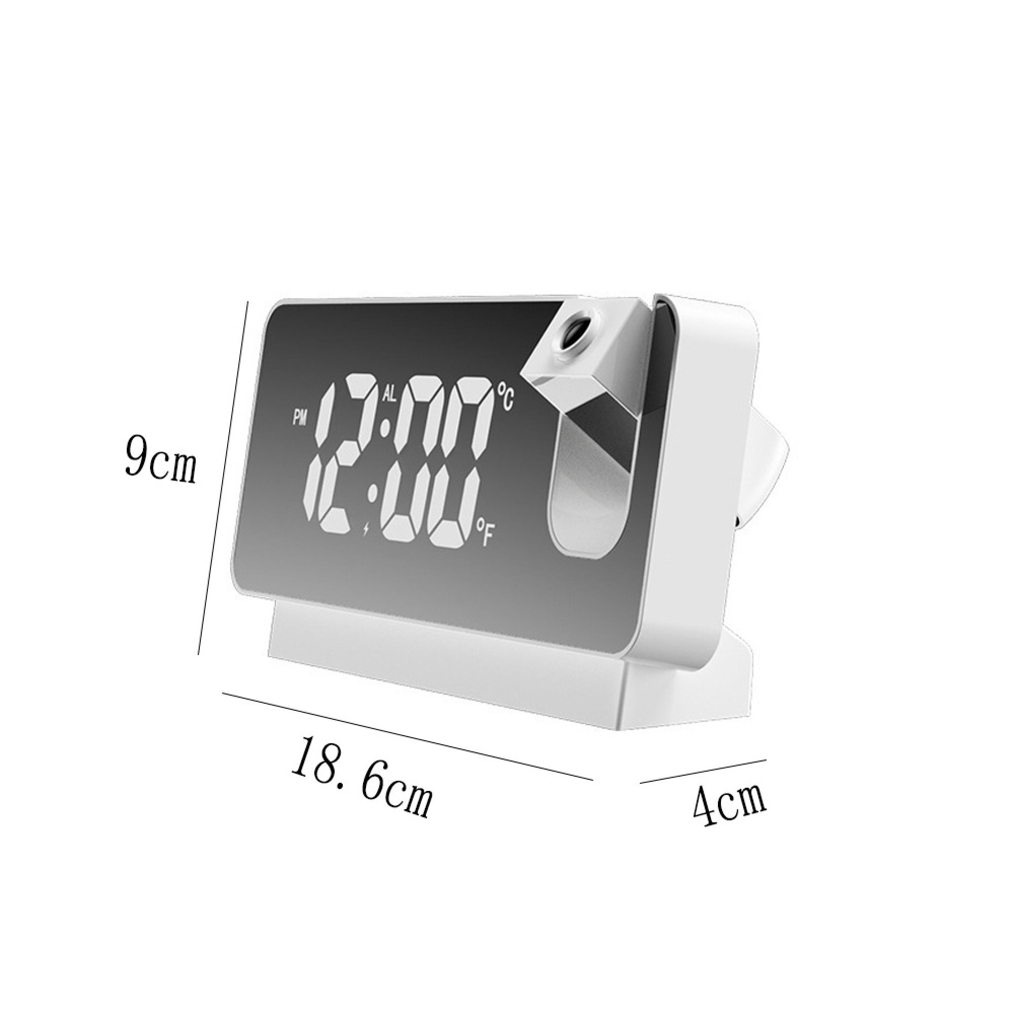 Weißer Projektionswecker mit digitaler Anzeige von 12:00 und Temperatur.