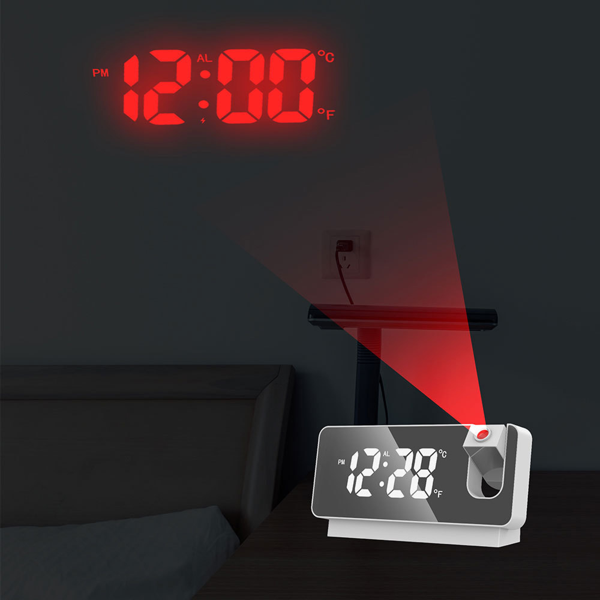 Ein digitaler Projektionswecker projiziert die Zeit rot an die Wand.
