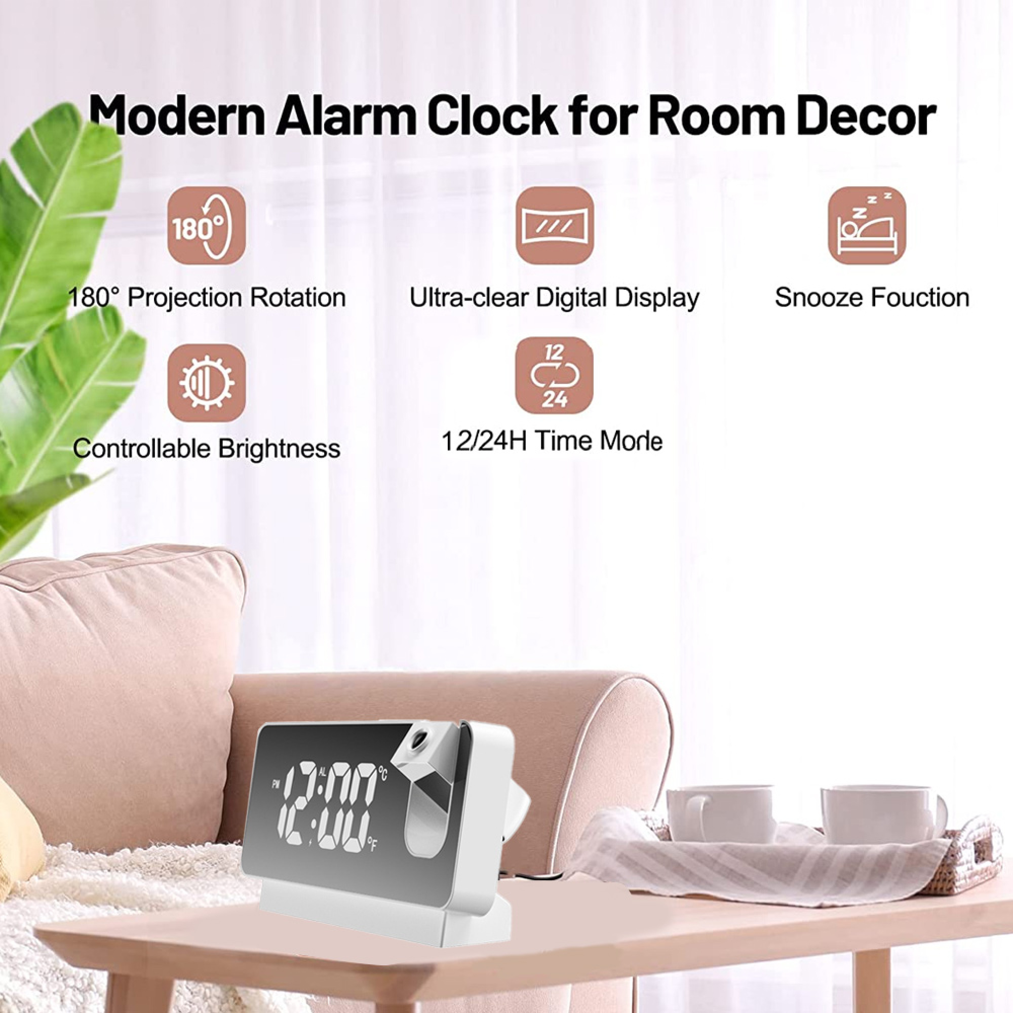 Moderner Projektionswecker mit digitalem Display auf einem Tisch.