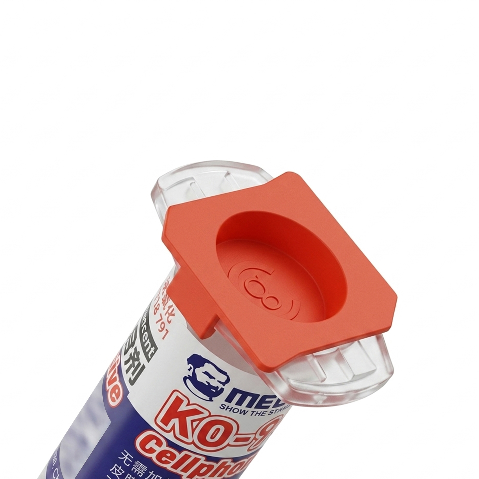 Nahaufnahme einer Tube mit rotem Deckel. Auf dem Etikett steht 'KO-9 Cellphone'.
