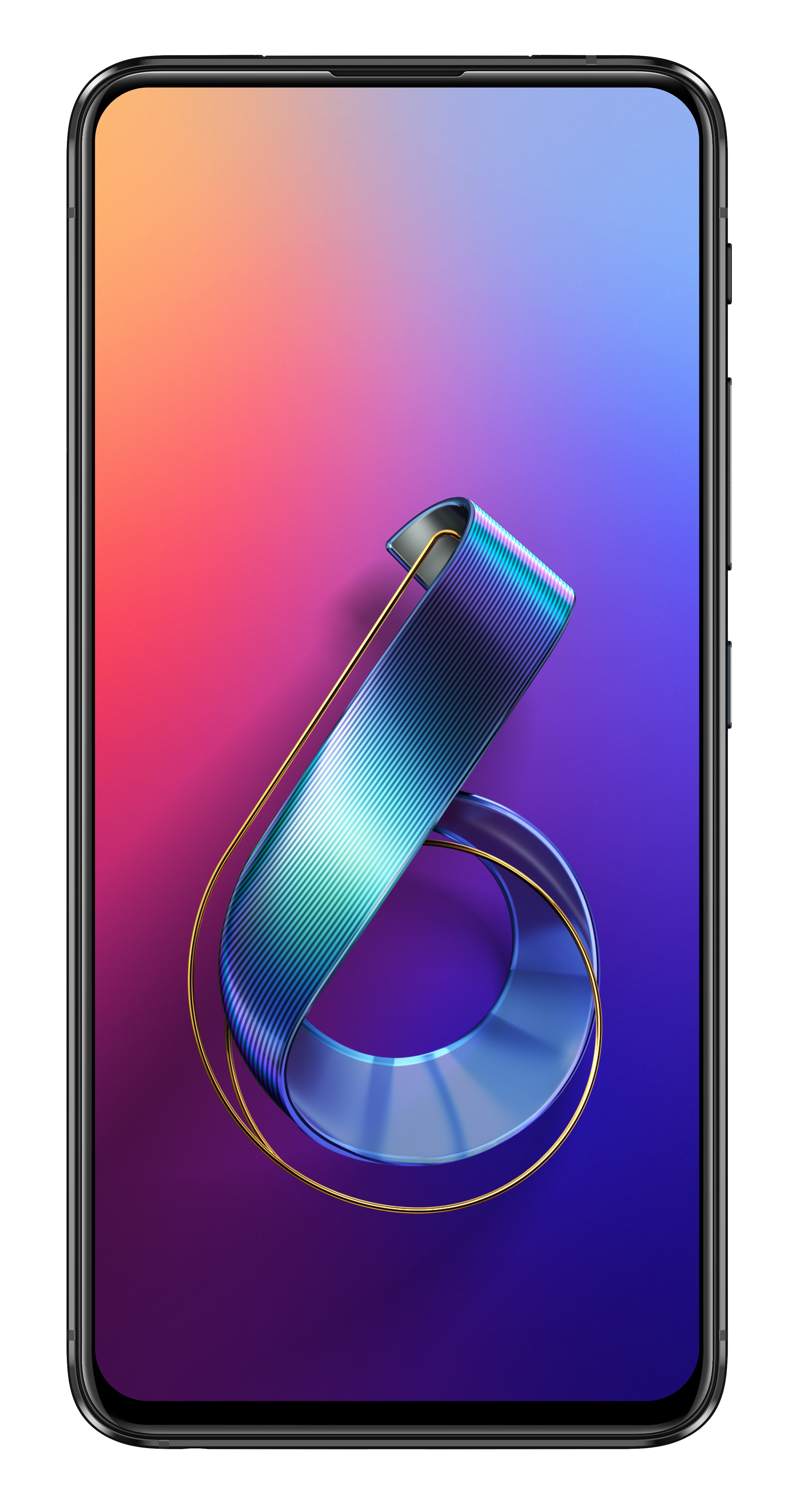 Ein Smartphone mit einem abstrakten Muster in Blau, Lila und Orange.