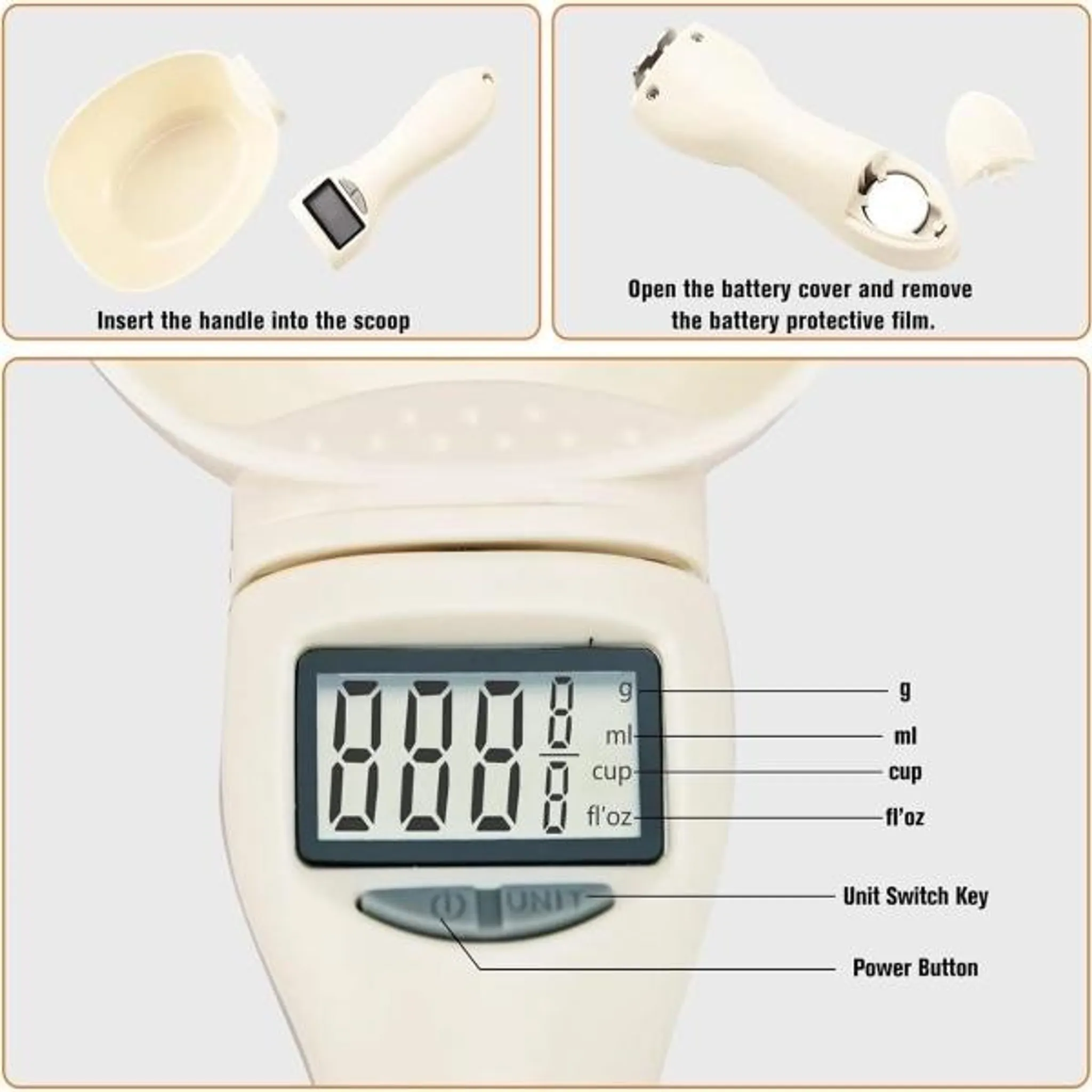 Digitale Löffelwaage mit Einheitenanzeige (g, ml, cup, fl'oz) und Tasten.