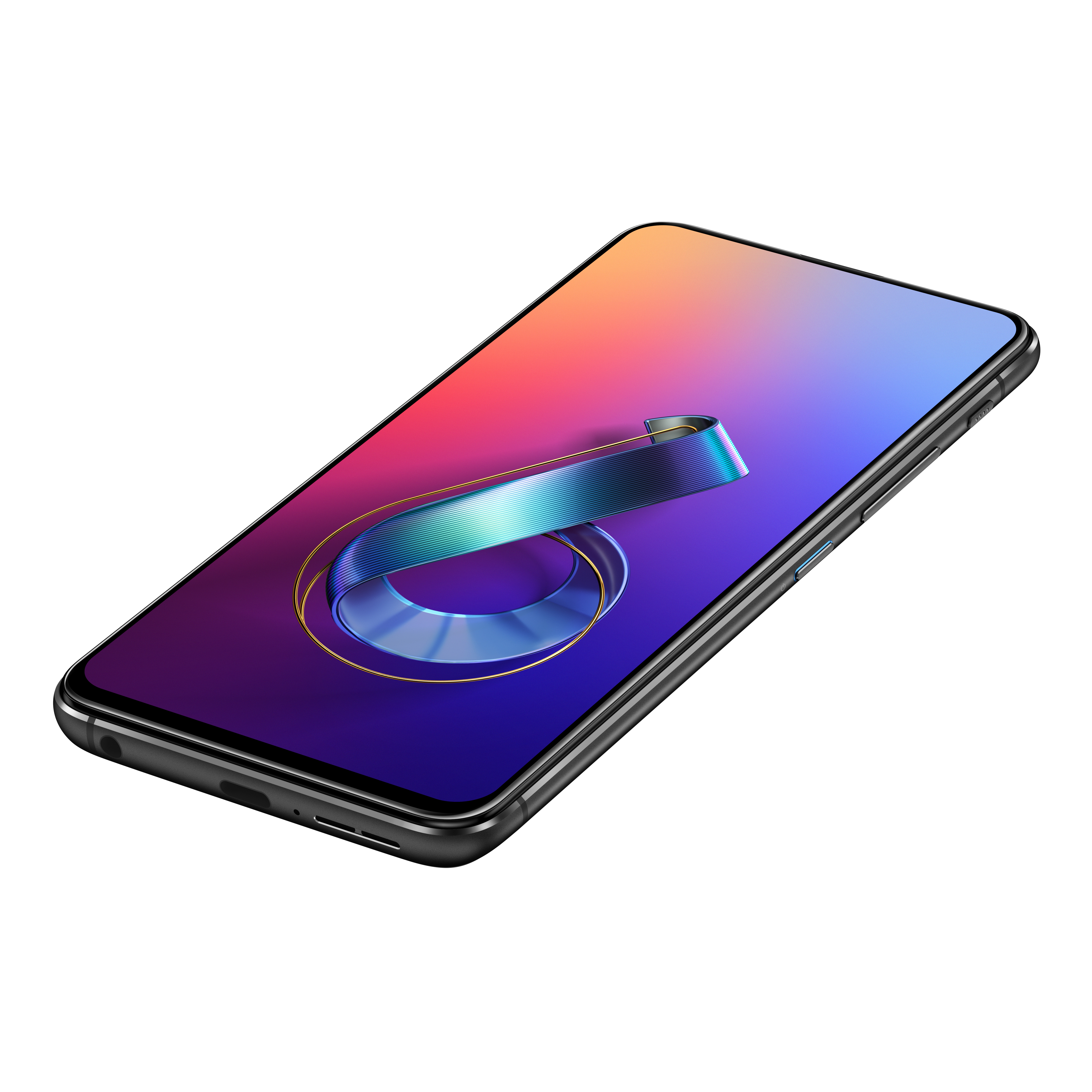 Ein schwarzes Smartphone mit einem bunten Hintergrundbild und einem silbernen Band.