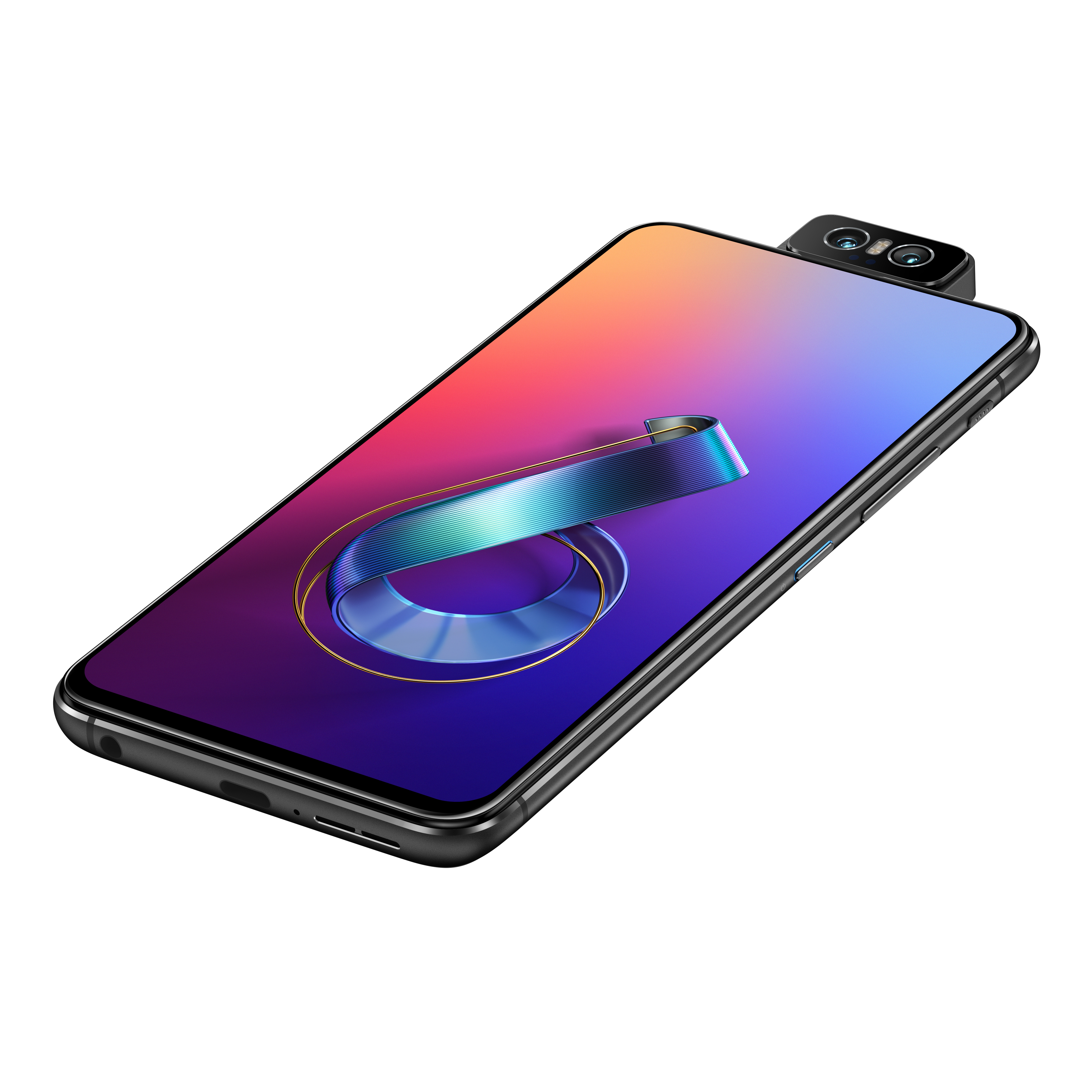 Schwarzes Smartphone mit ausfahrbarer Doppelkamera und farbverlaufendem Display.