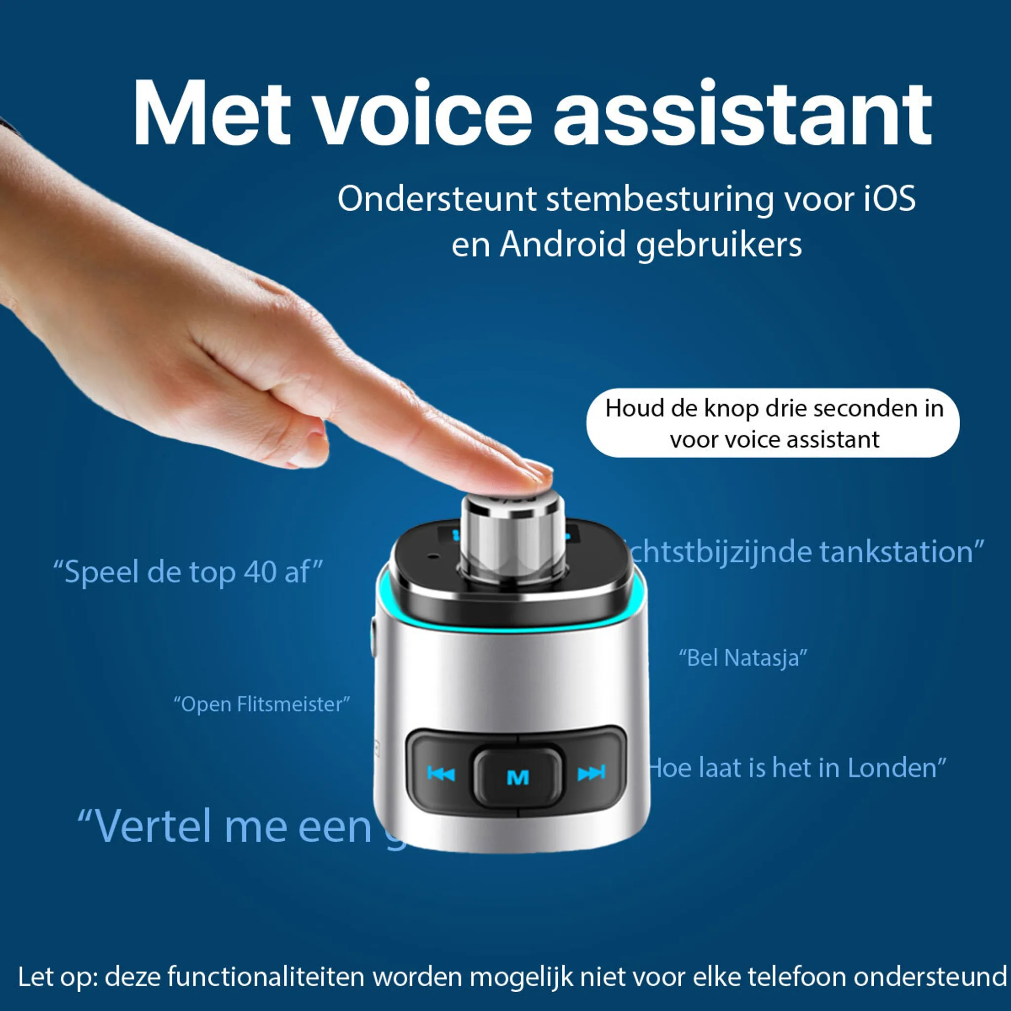 Ein Finger drückt auf ein silbernes Gerät mit blauen Lichtern. Text über Sprachassistent.