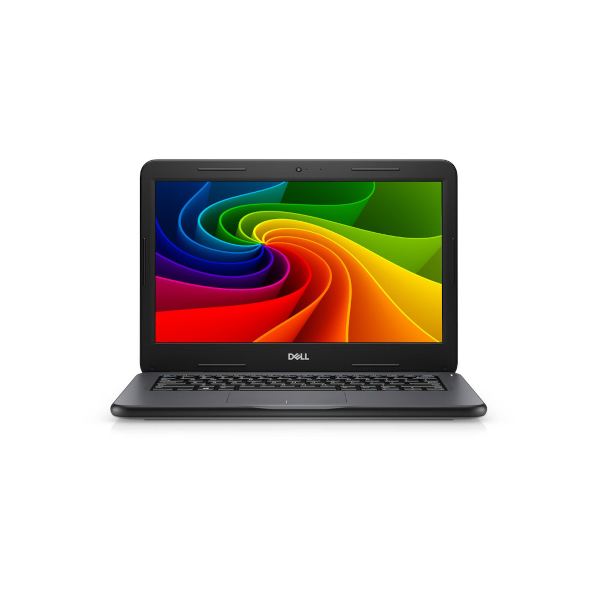 Ein schwarzer Dell Laptop ist geöffnet und zeigt ein buntes Wirbelmuster auf dem Bildschirm.