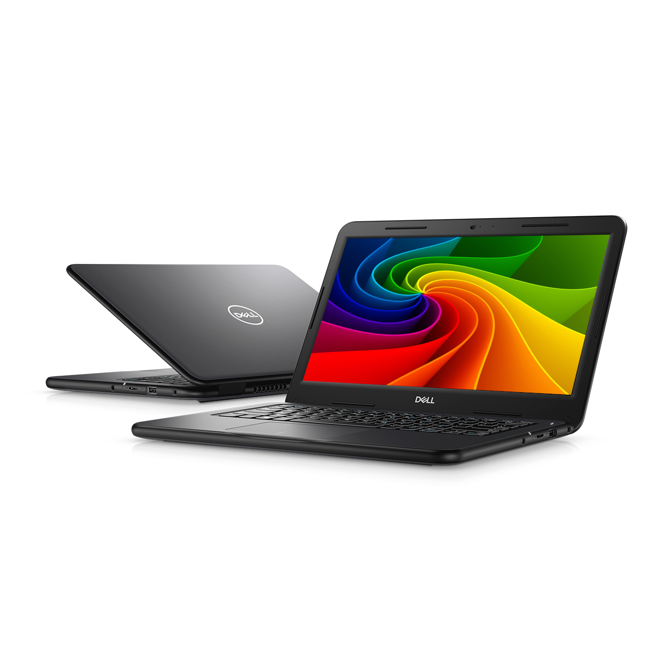 Ein schwarzer Dell Laptop mit einem bunten Hintergrund auf dem Bildschirm.
