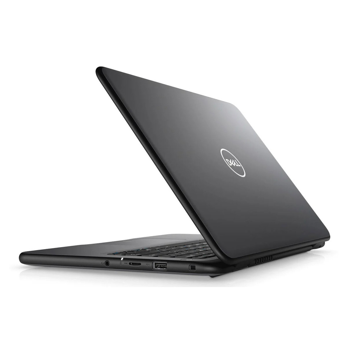 Ein geschlossener schwarzer Dell Laptop mit dem Logo auf dem Deckel, weißer Hintergrund.