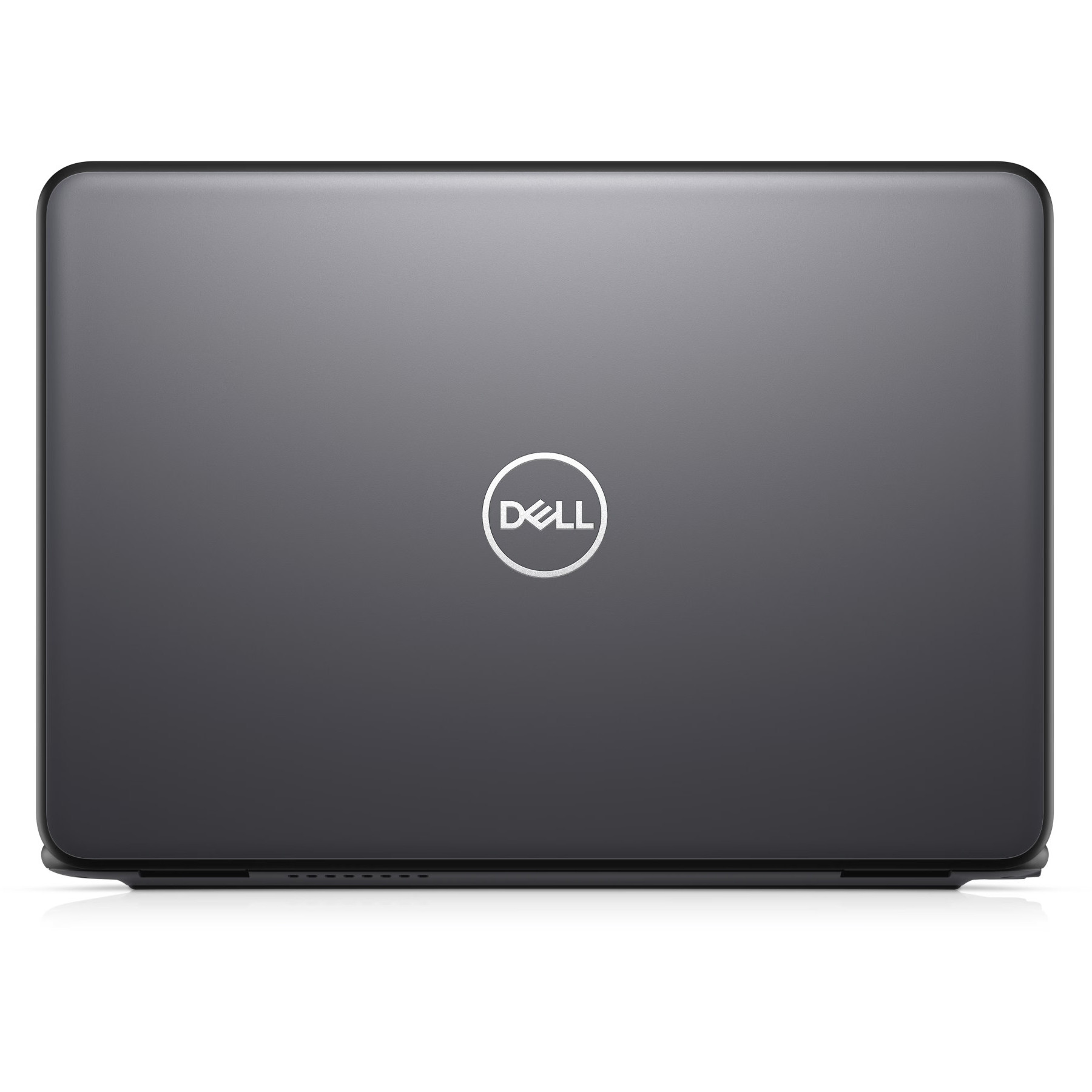 Geschlossener grauer Dell Laptop mit silbernem Logo auf der Oberseite.