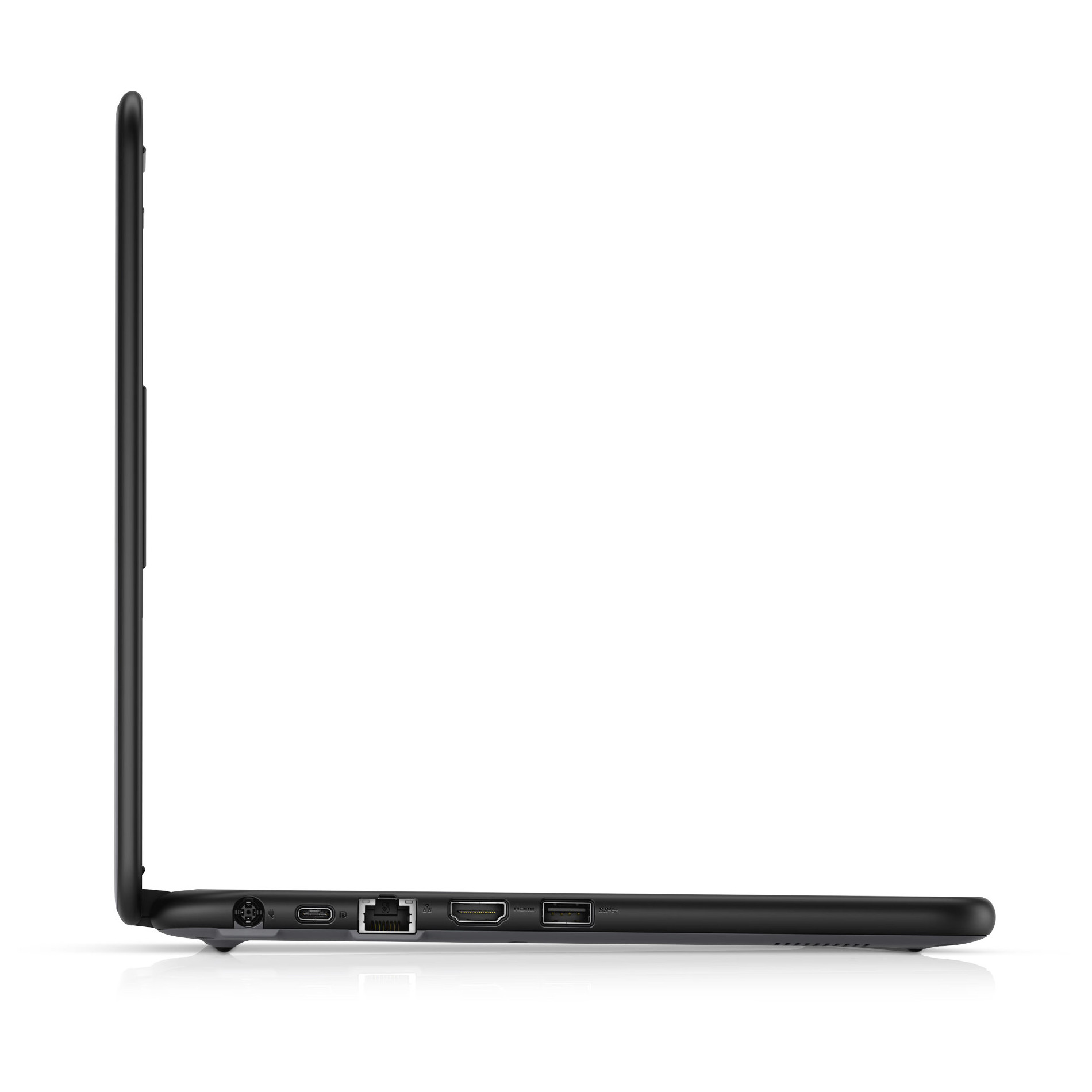 Linke Seite eines schwarzen Laptops mit Anschlüssen: Strom, USB-C, HDMI, USB-A.