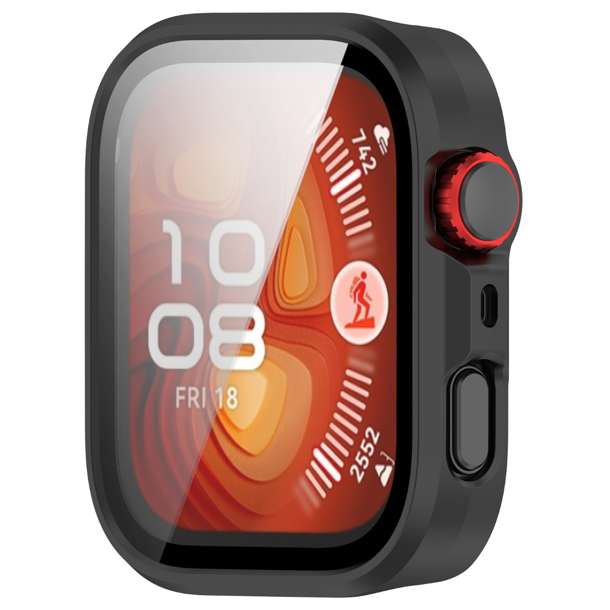 Schwarze Schutzhülle für Smartwatch mit rotem Knopf, zeigt 10:08 Uhr an.