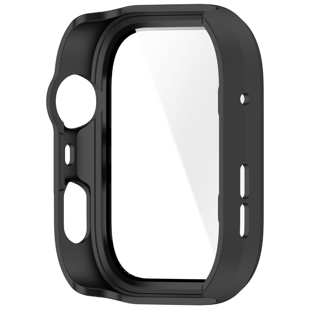 Schwarzer Uhrenschutz mit transparentem Display, seitlichen Knöpfen und Aussparungen.