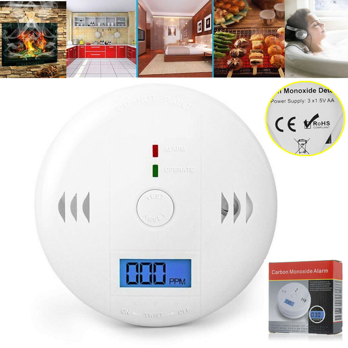 Ein weißer Kohlenmonoxid-Melder mit digitaler Anzeige und LEDs für Alarm und Betrieb.