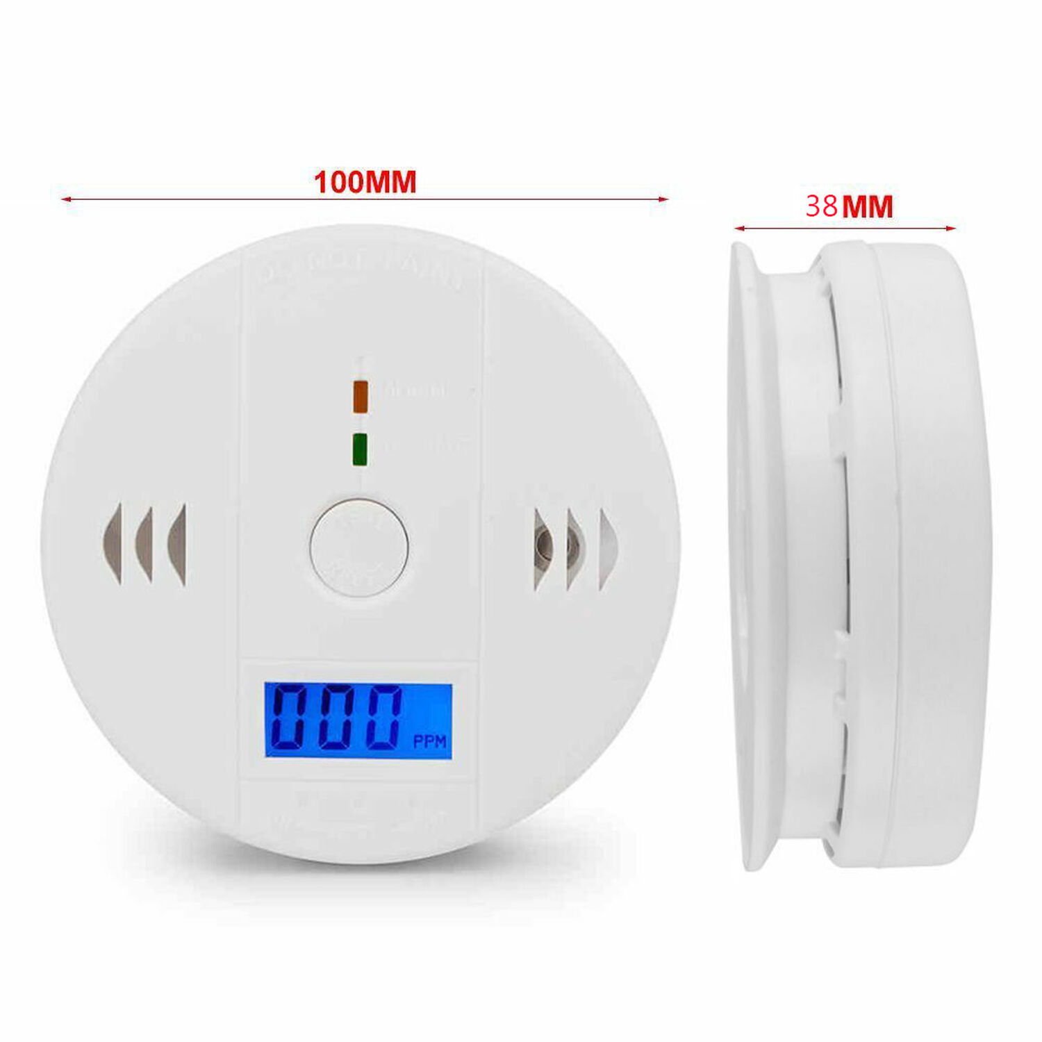 Ein weißer CO-Melder mit Digitalanzeige und Maßen von 100 mm und 38 mm.