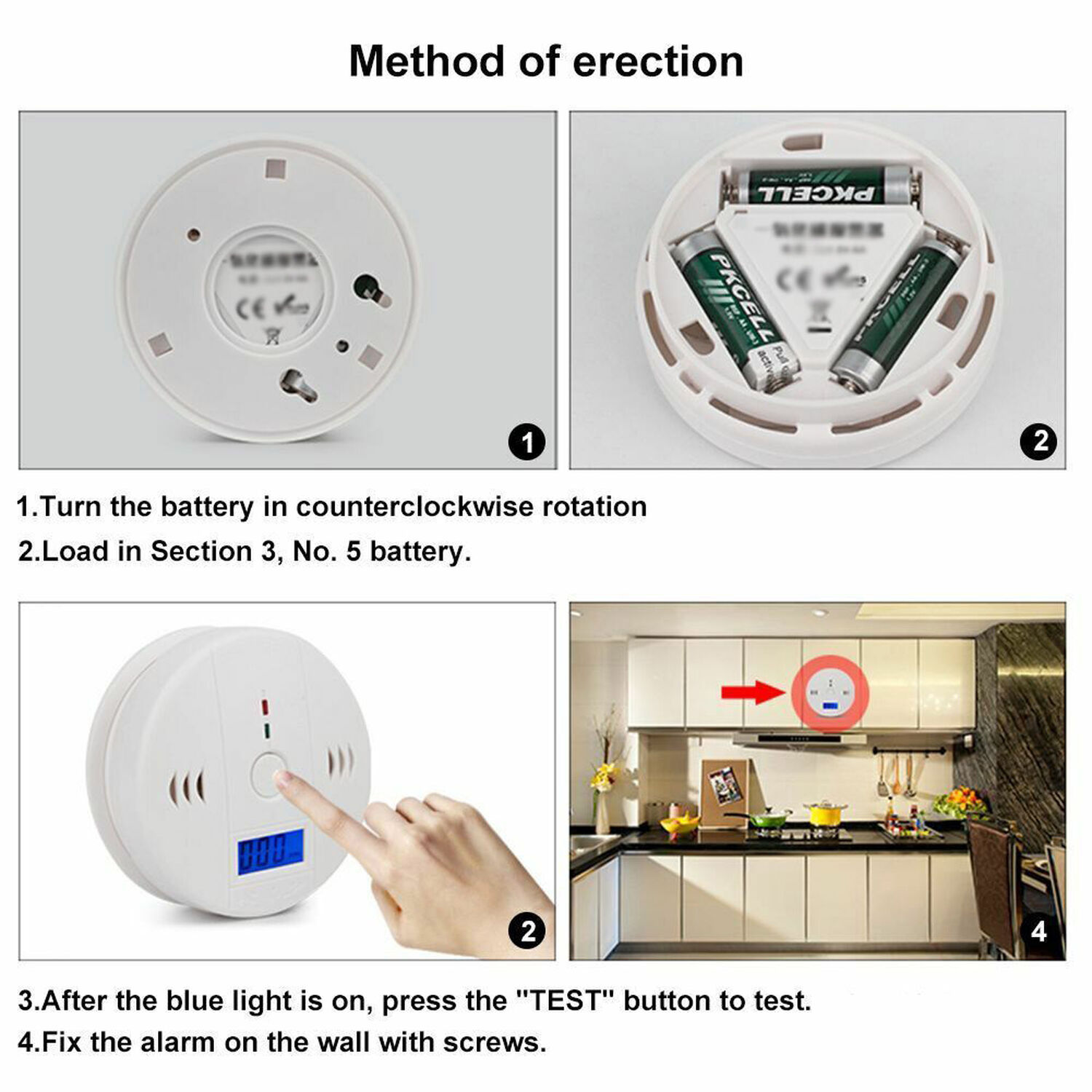 Anleitung zur Montage eines Rauchmelders: Rückseite, Batterien einlegen, Testen, an der Wand befestigen.