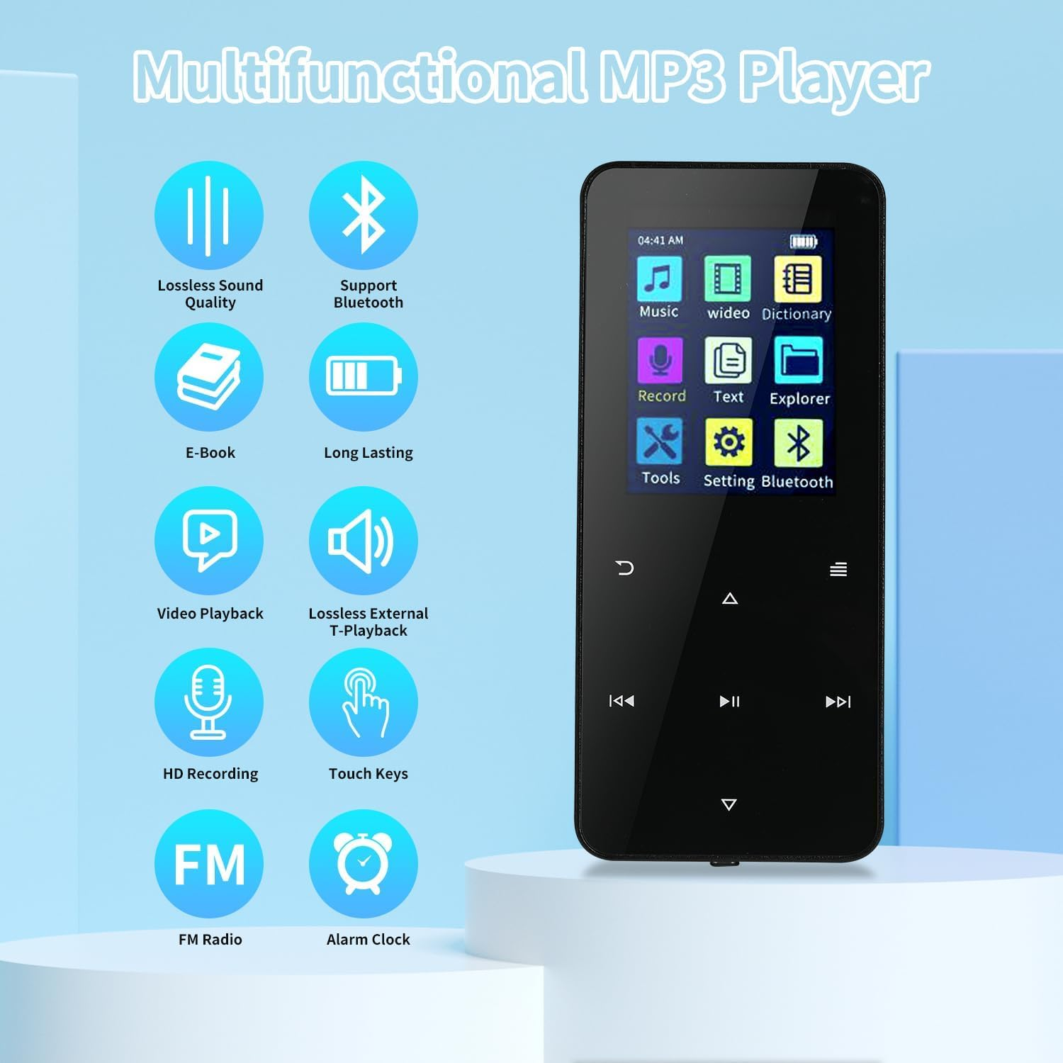 Multifunktionaler MP3-Player mit Symbolen für Funktionen wie Musik, E-Book, FM-Radio.