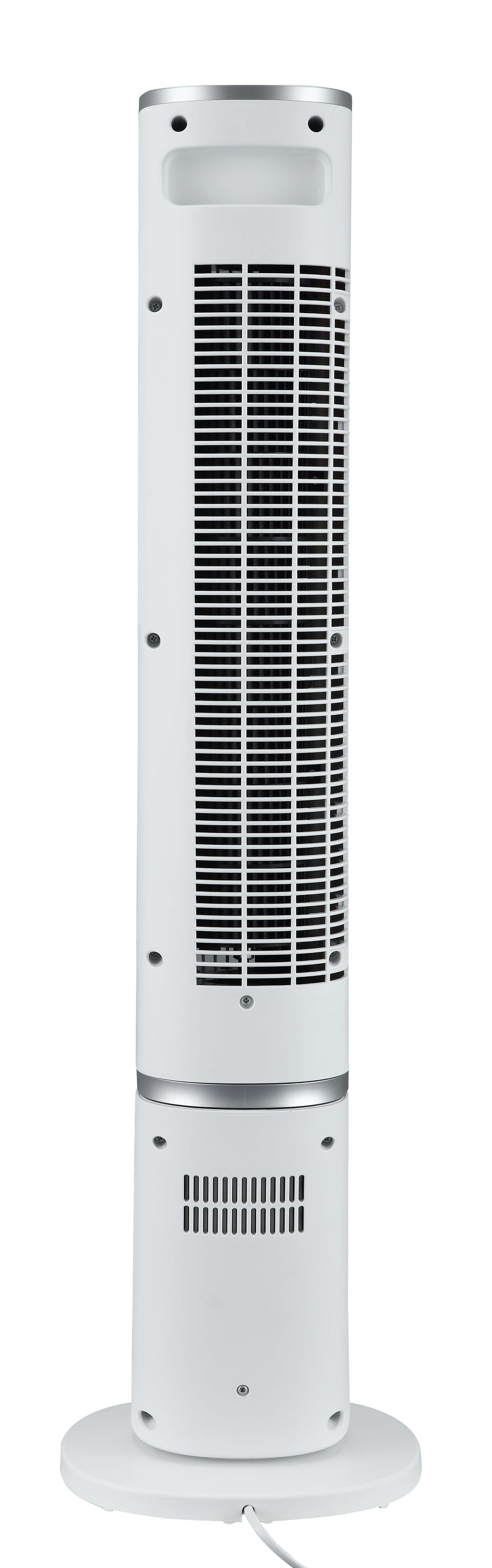Ein weißer Turmventilator mit grauer Zierleiste, Lüftungsschlitzen und runder Basis.