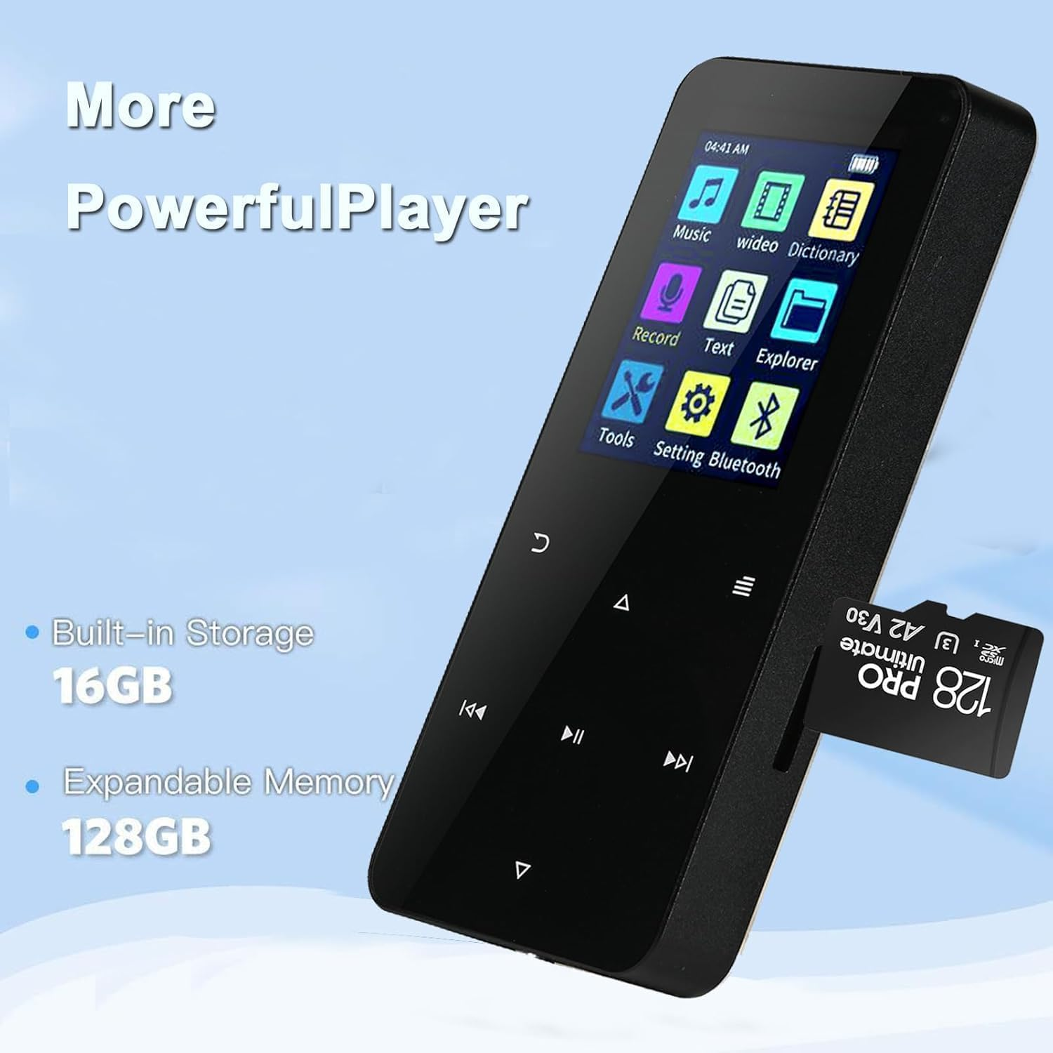 Schwarzer MP3-Player mit Touchscreen und Symbolen. 16 GB intern, 128 GB erweiterbar.