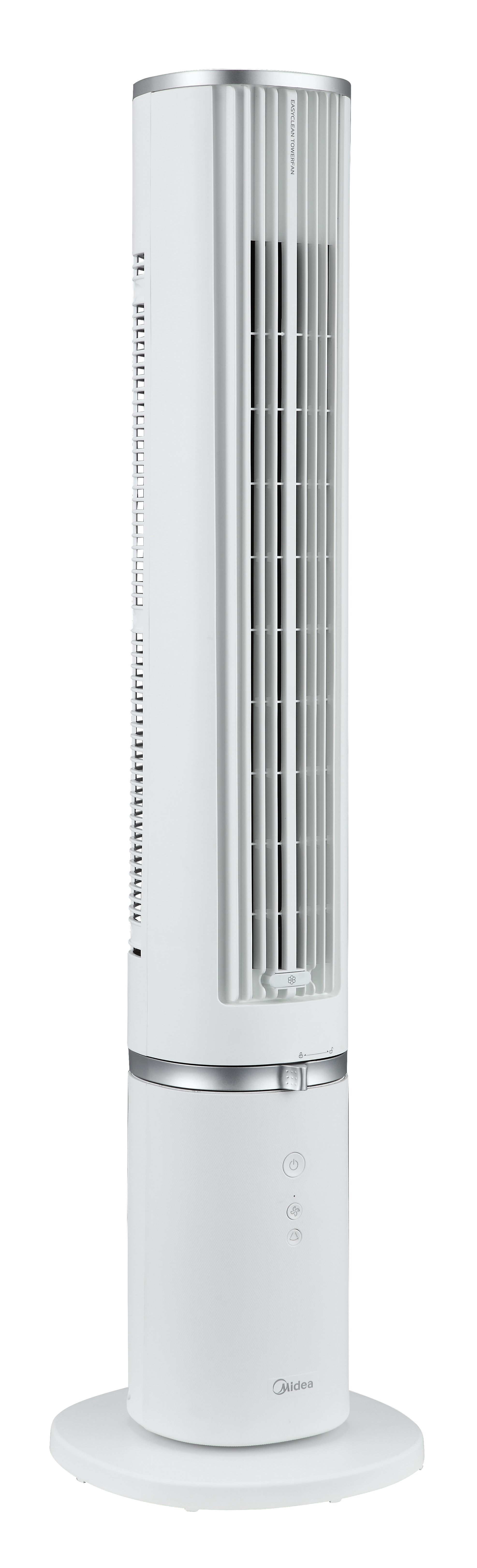 Ein schlanker, weißer Turmventilator mit silbernem Rand und Bedienfeld.