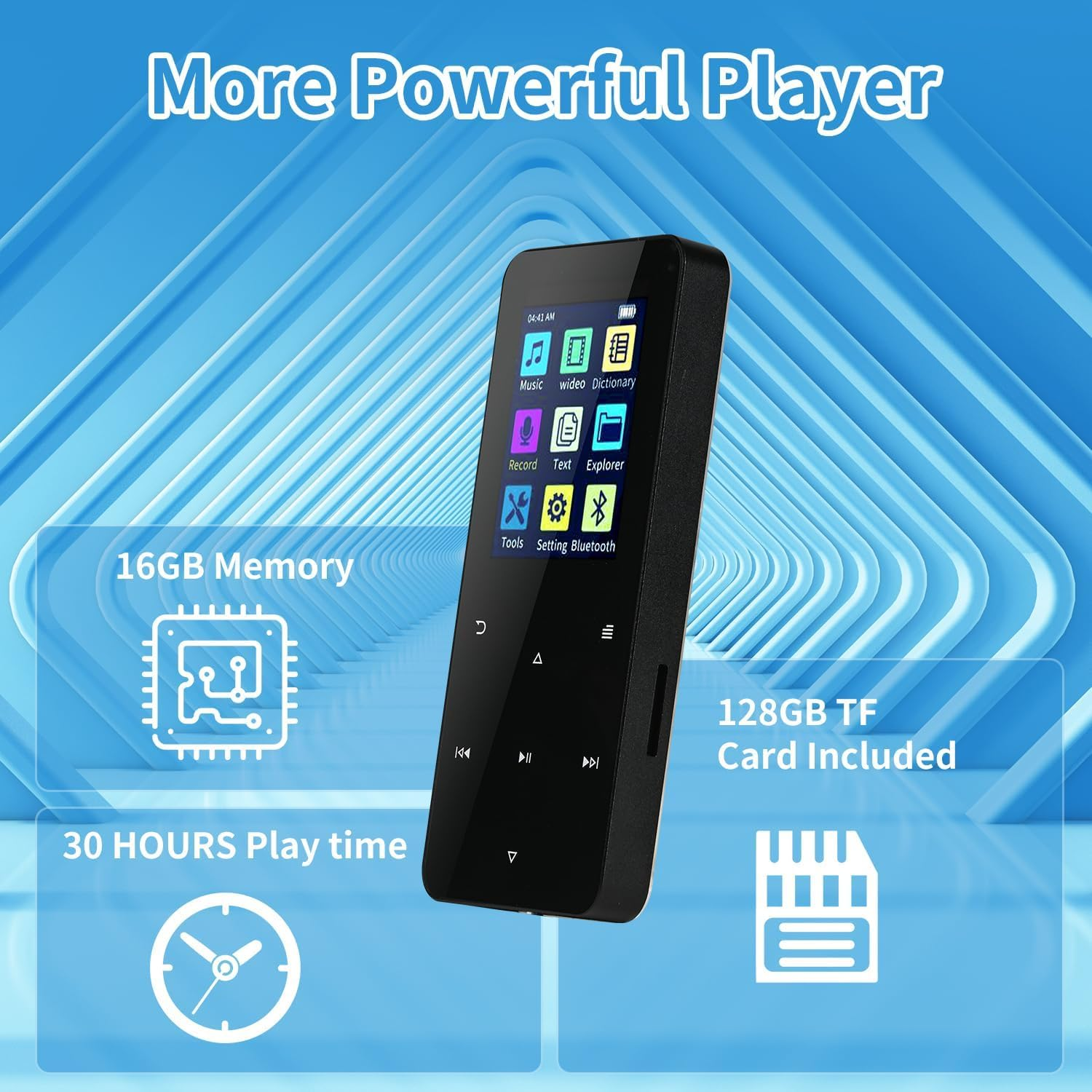 Schwarzer MP3-Player mit 16 GB Speicher, 30 Stunden Wiedergabezeit, 128 GB TF-Karte.