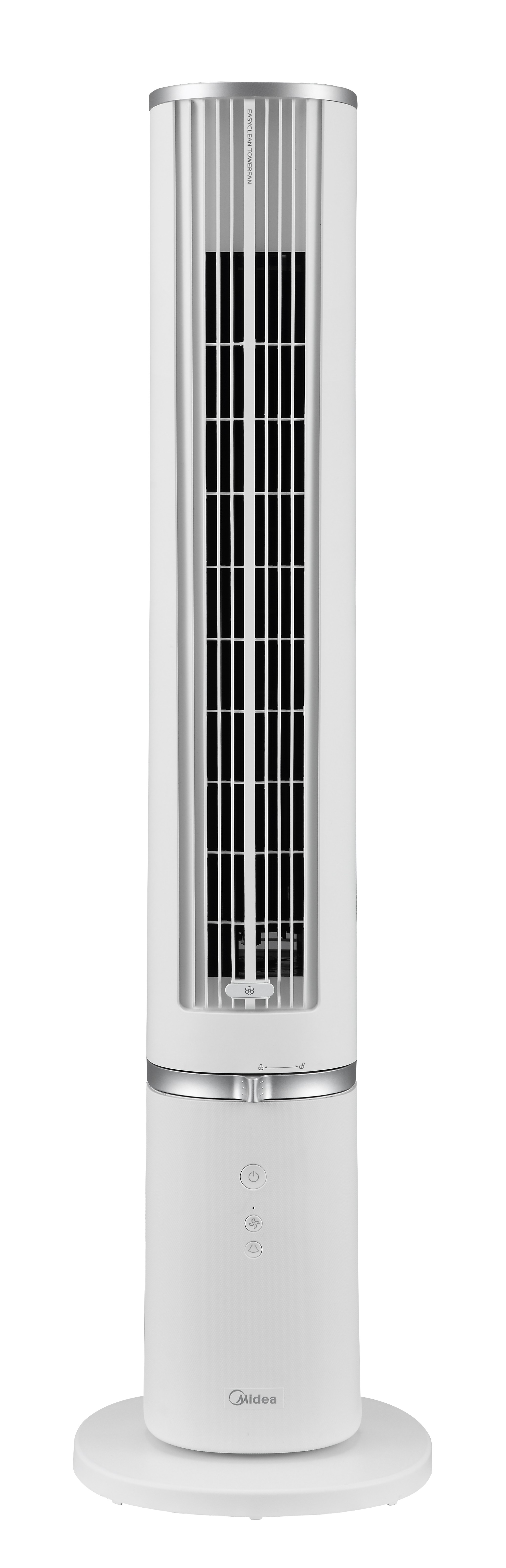 Ein schlanker weißer Turmventilator mit silbernen Akzenten und schwarzen Lüftungsschlitzen.