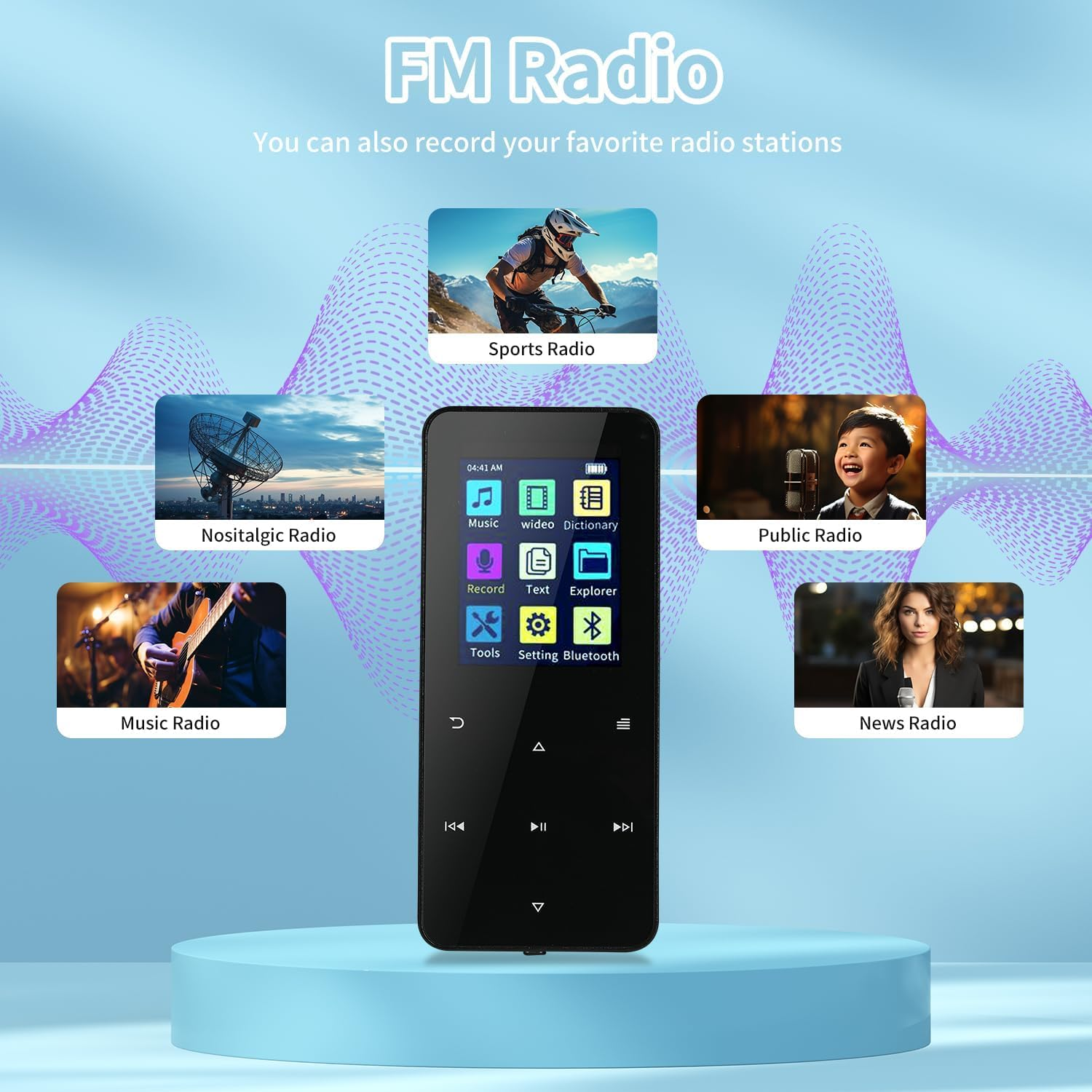 Ein tragbares Radio mit verschiedenen Sendeoptionen wie Sport, Musik und Nachrichten.