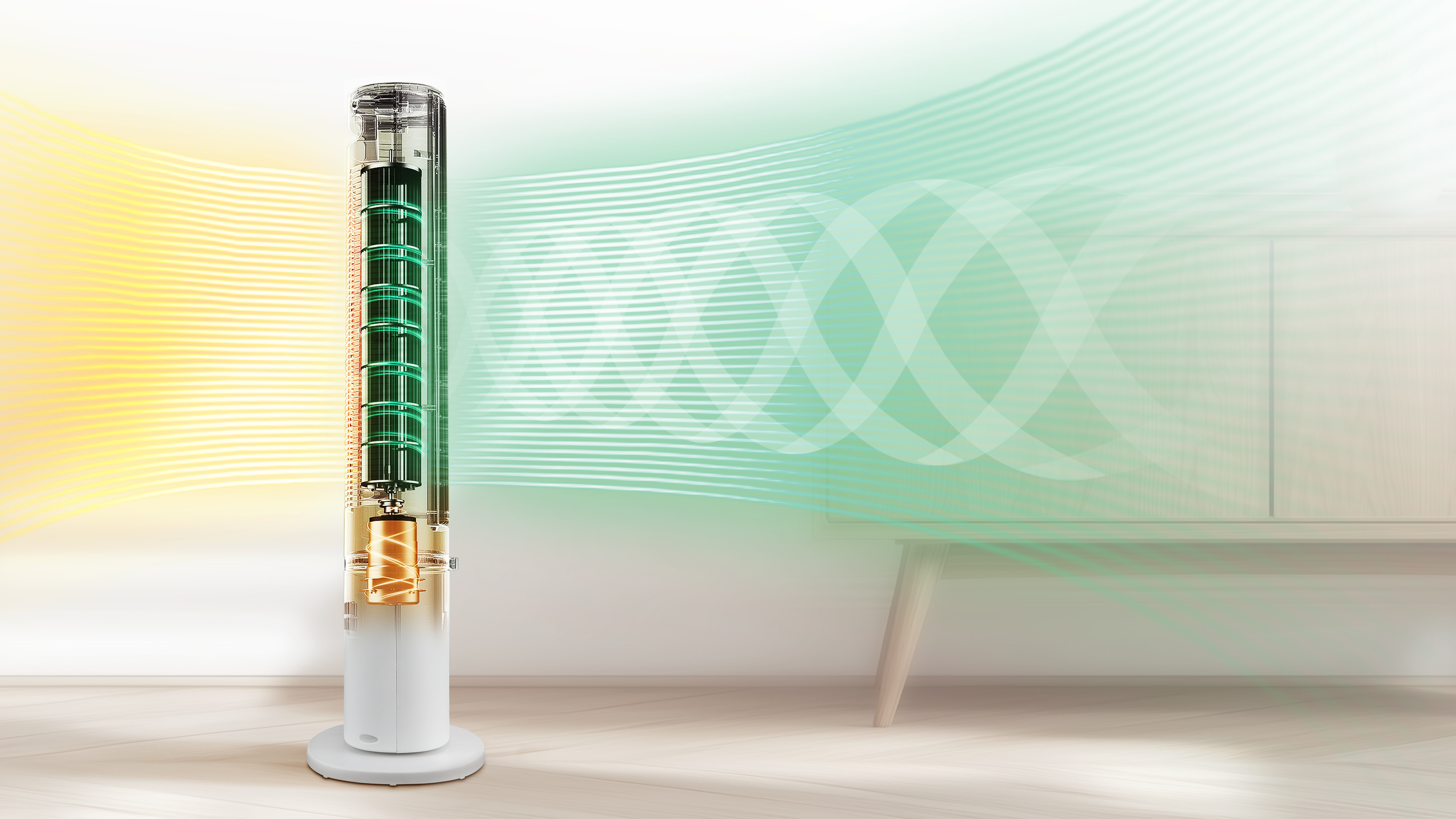 Ein vertikaler Ventilator mit transparentem Gehäuse zeigt interne Spiralen, warme gelbe und kühle grüne Luftströme.