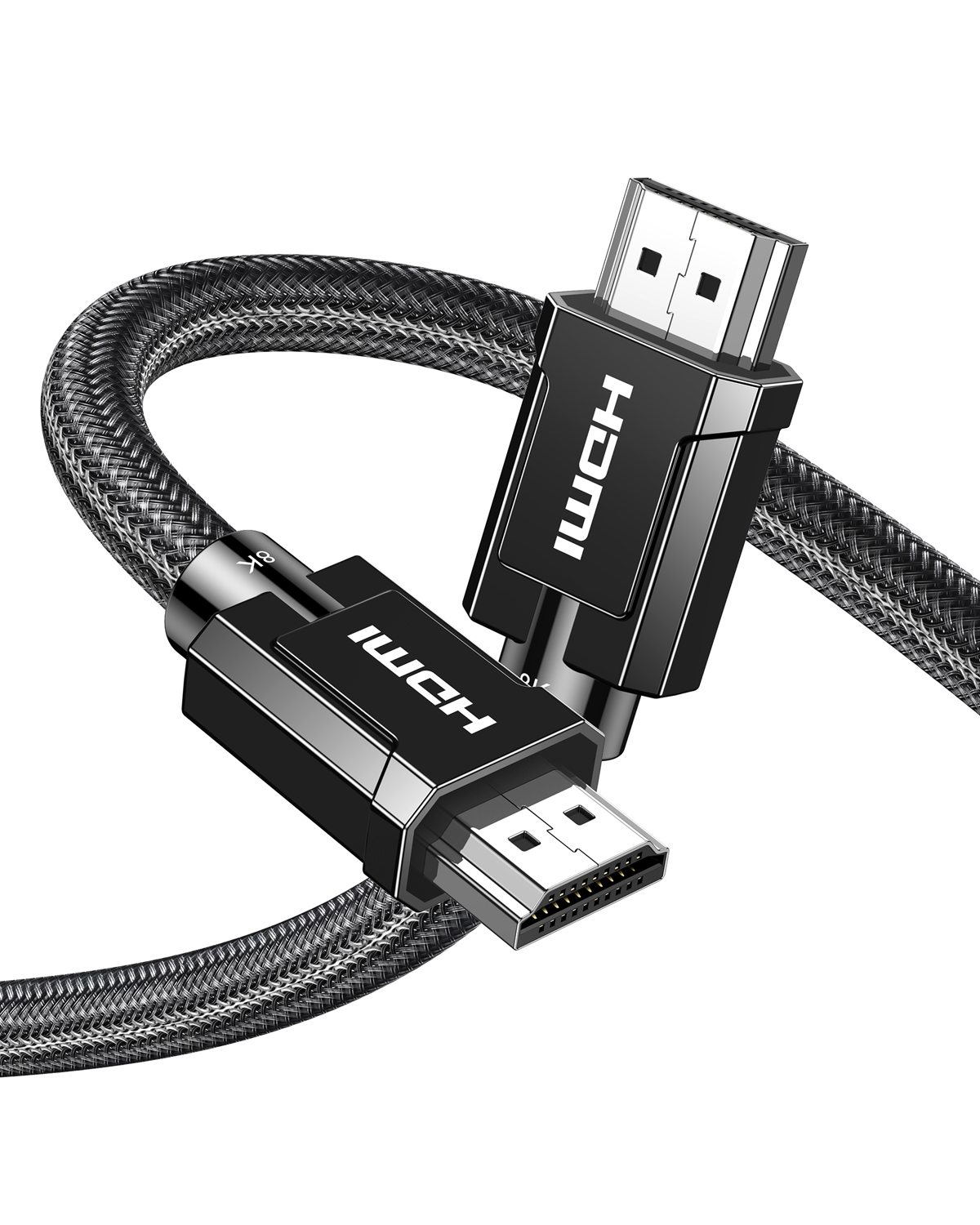 Gümüş konektörlü ve HDMI logolu siyah HDMI kablosu.