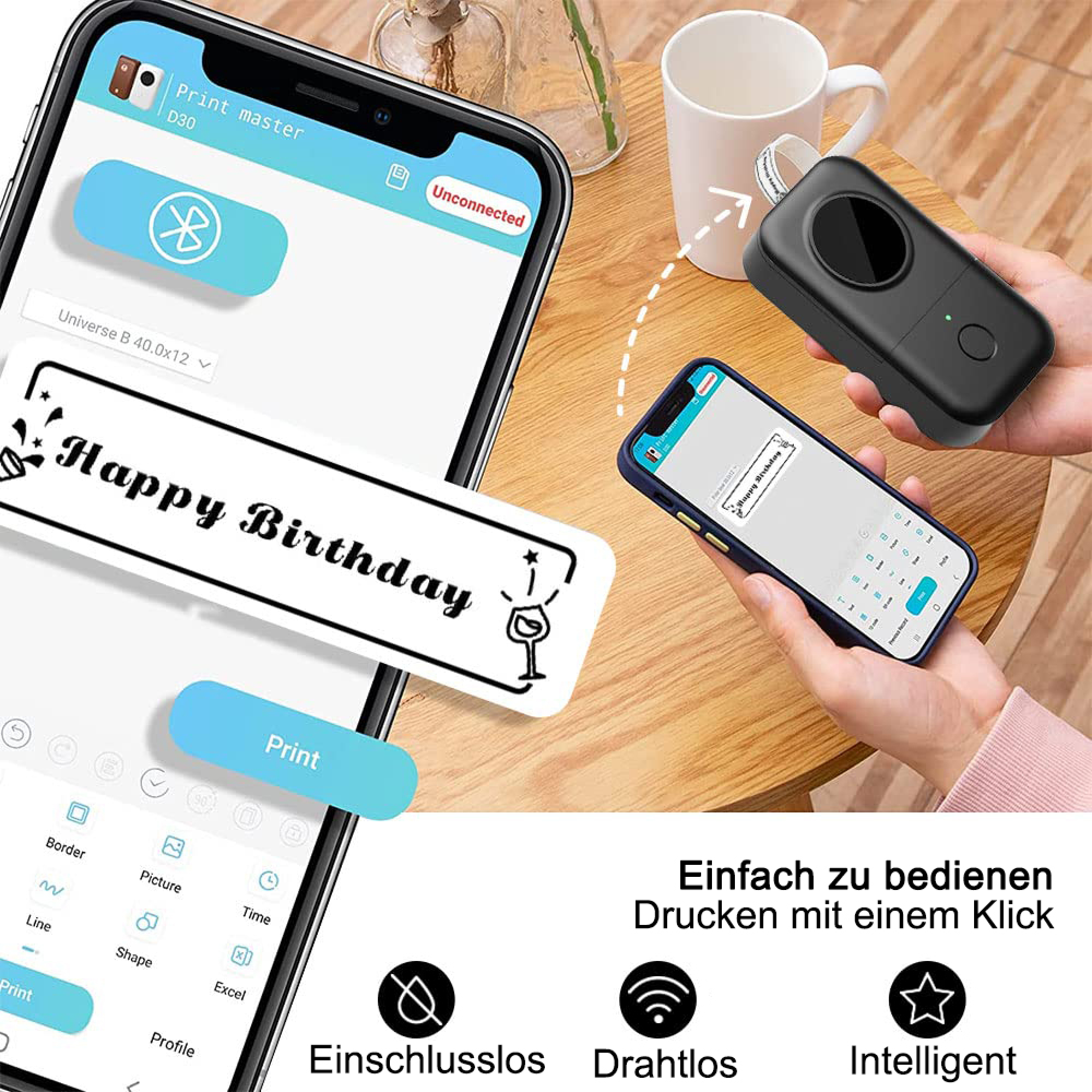 Ein Smartphone zeigt eine Druck-App mit „Happy Birthday“. Ein Drucker ist daneben.