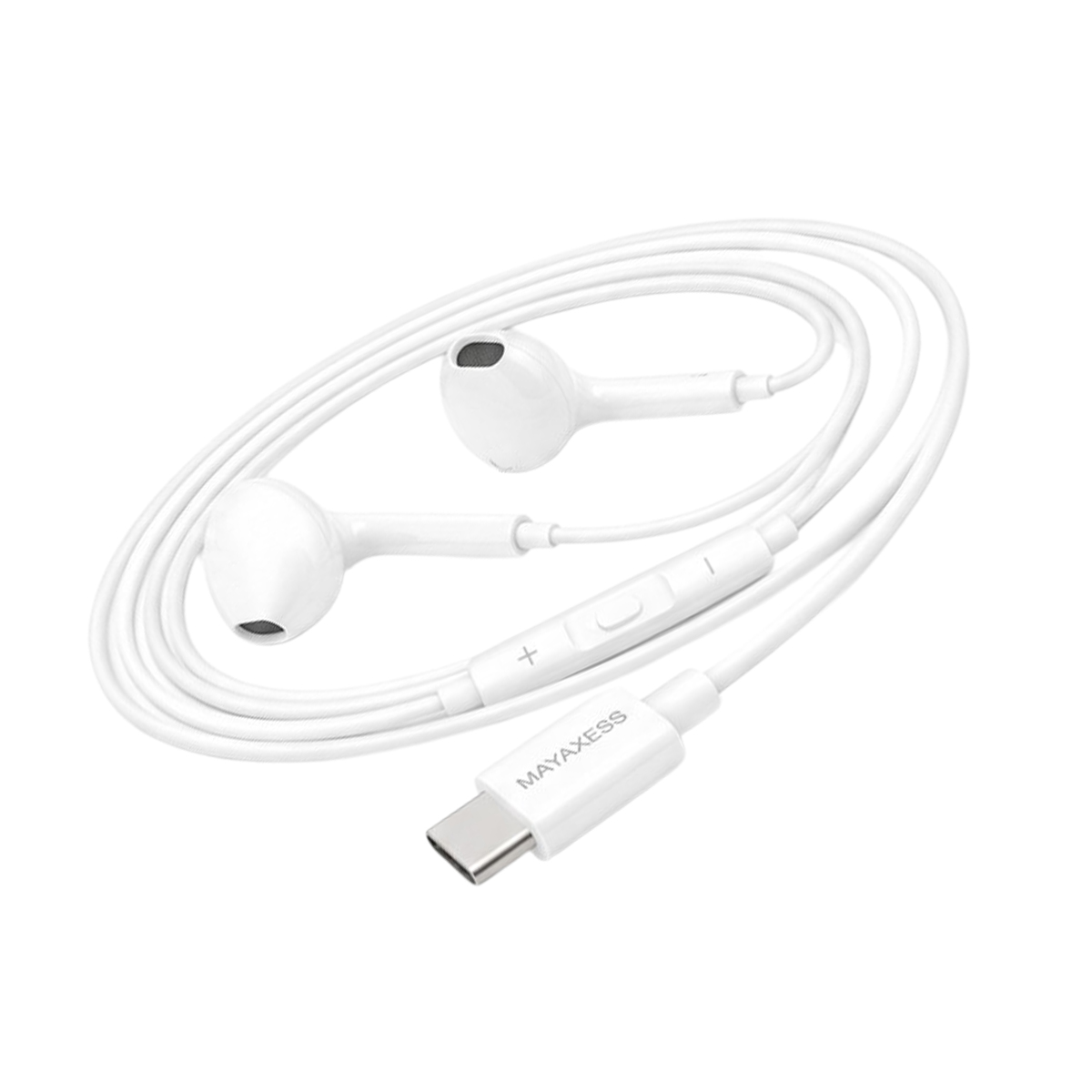 Auricolari bianchi con connettore USB-C e controlli volume.
