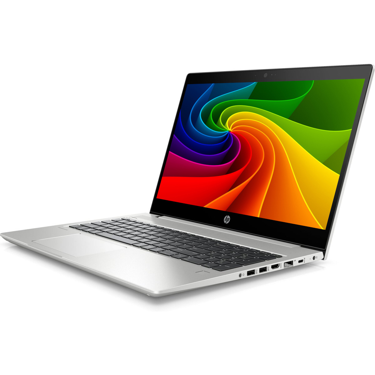 Ein silberner HP Laptop mit einem Regenbogen-Farbwirbel auf dem Bildschirm.