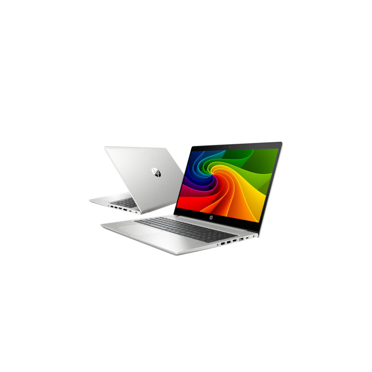 Zwei silberne Laptops, einer mit einem Regenbogenmuster auf dem Bildschirm.