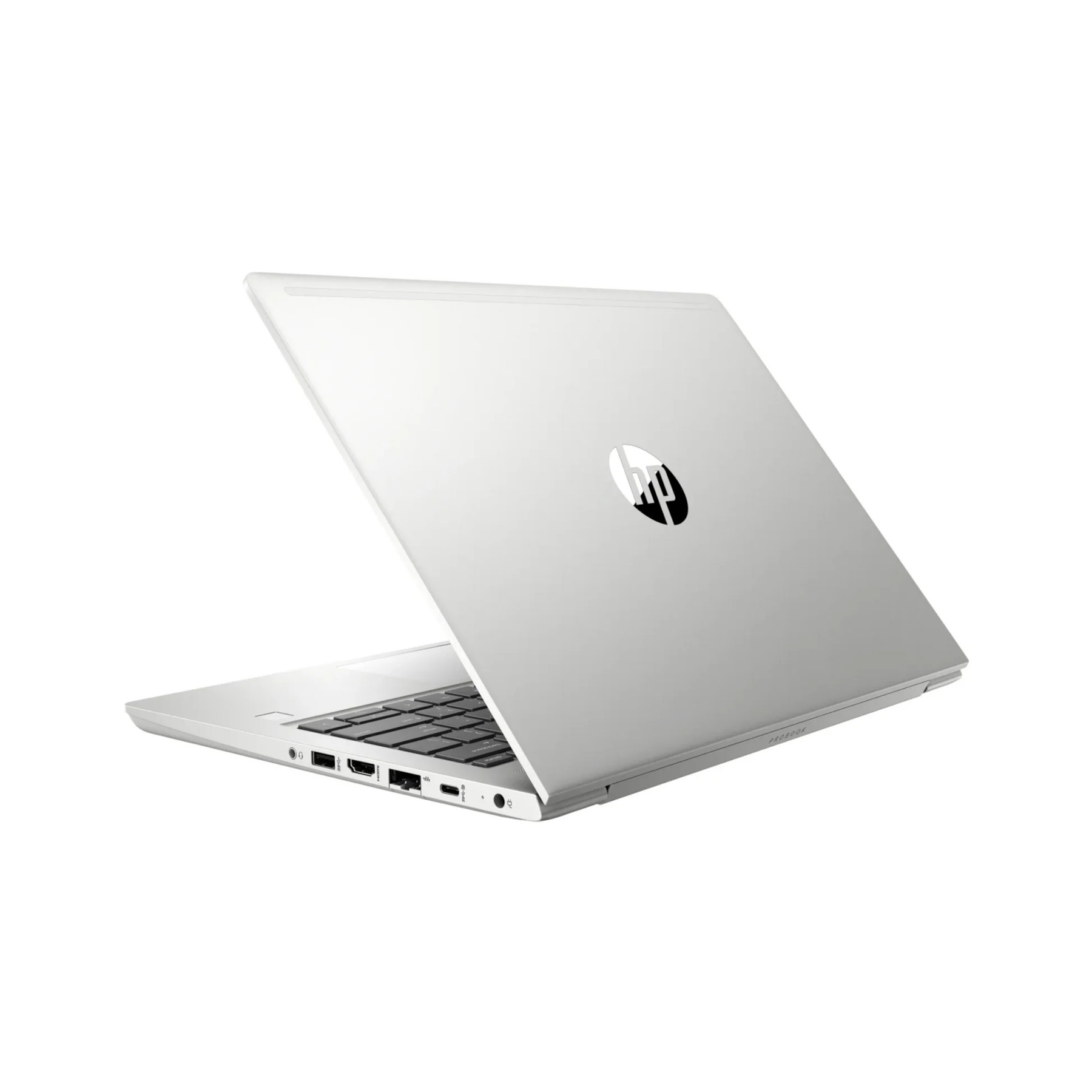 Silberner Laptop mit offenem Deckel, HP-Logo auf der Oberseite. Anschlüsse sichtbar.