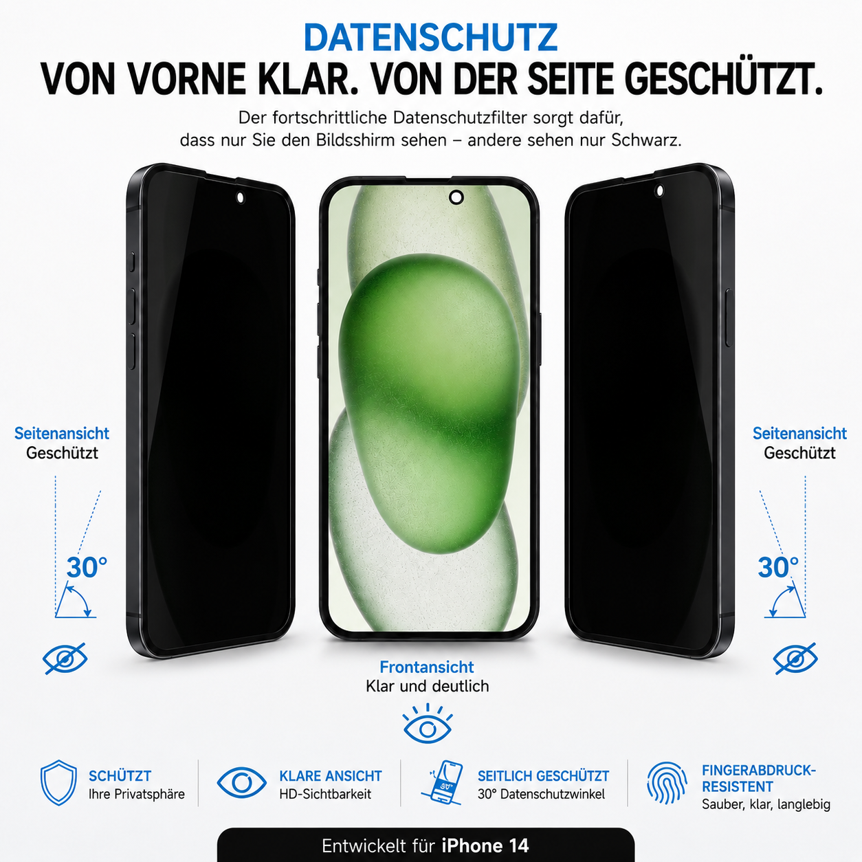 Drei iPhones zeigen Sichtschutz: zwei schwarz, eins mit grüner Grafik.