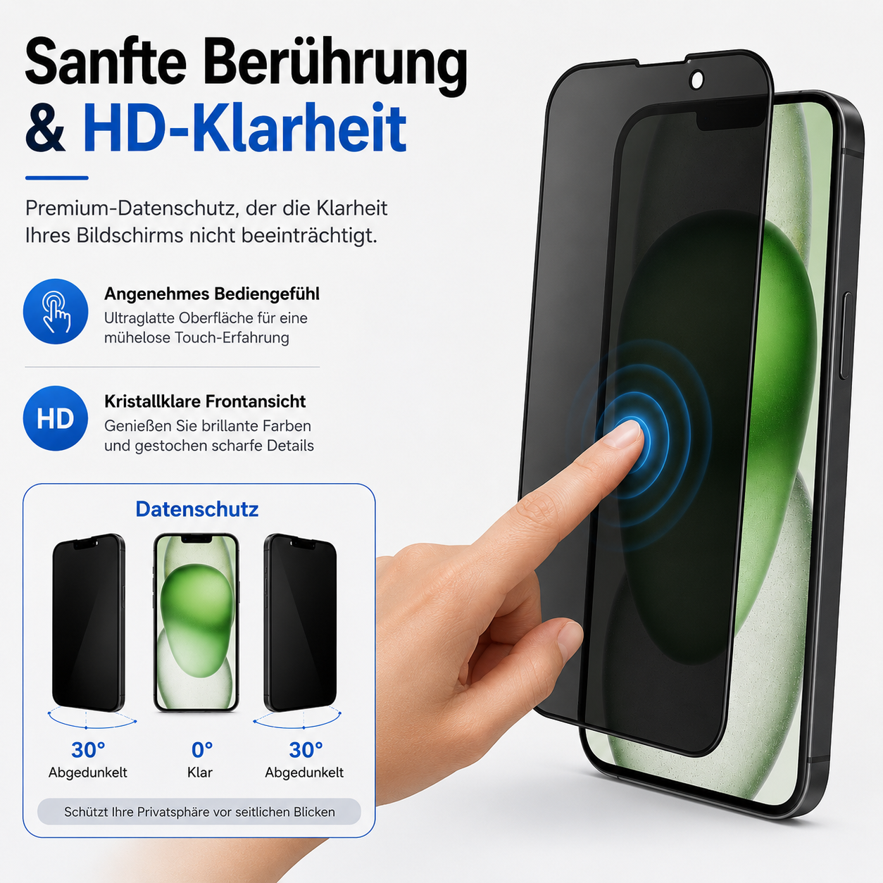 Ein Finger berührt einen Handy-Bildschirm mit Sichtschutzfolie. Links sind Grafiken.
