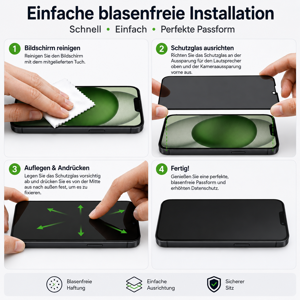 Anleitung zur blasenfreien Handy-Display-Installation: Reinigen, Ausrichten, Andrücken, Fertig.