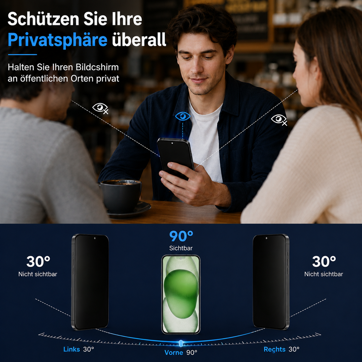 Mann blickt auf sein Handy, um Privatsphäre zu wahren. Unten: Sichtwinkel von Handys.