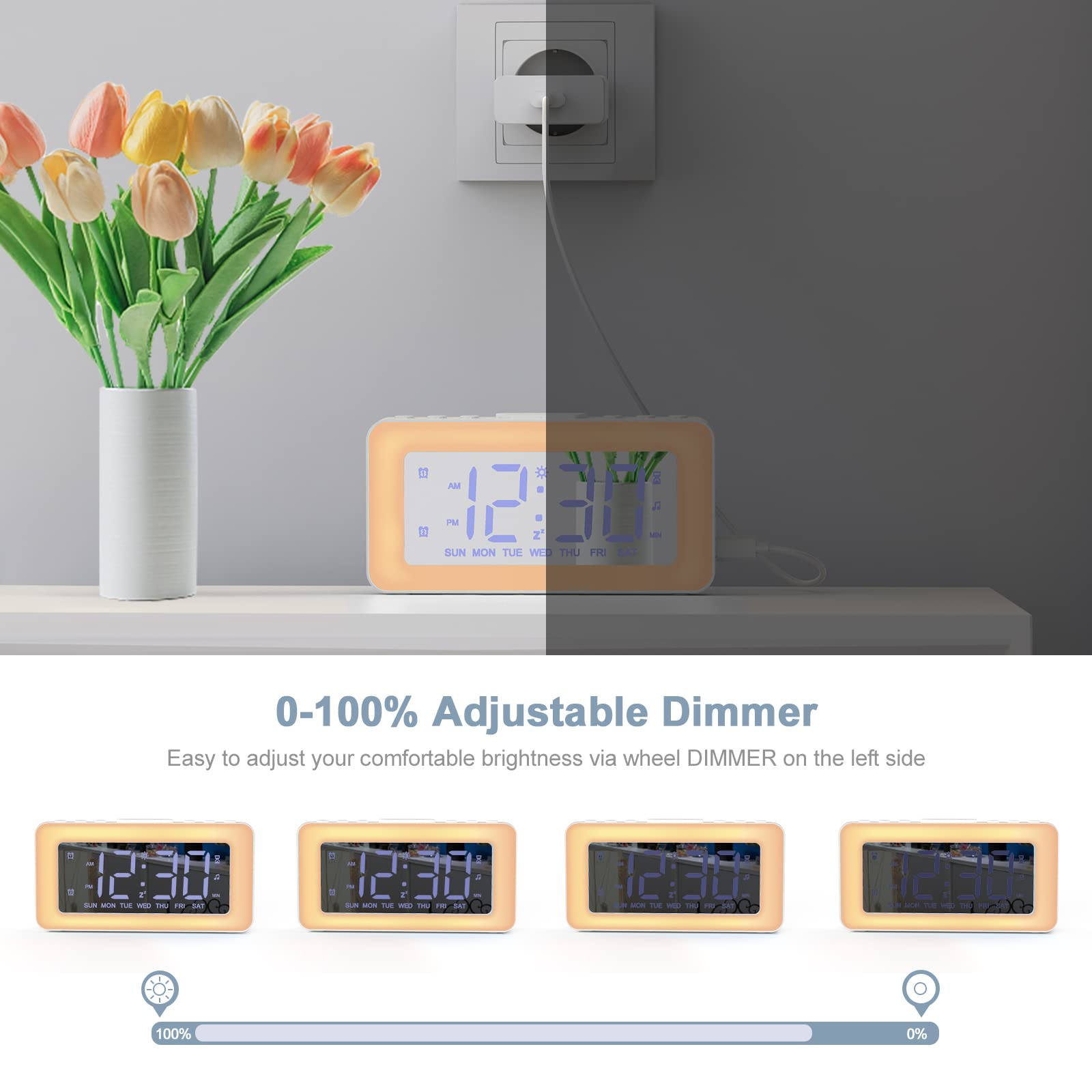 Ein digitaler Wecker mit Blumenstrauß und Steckdose. Helligkeitseinstellung.