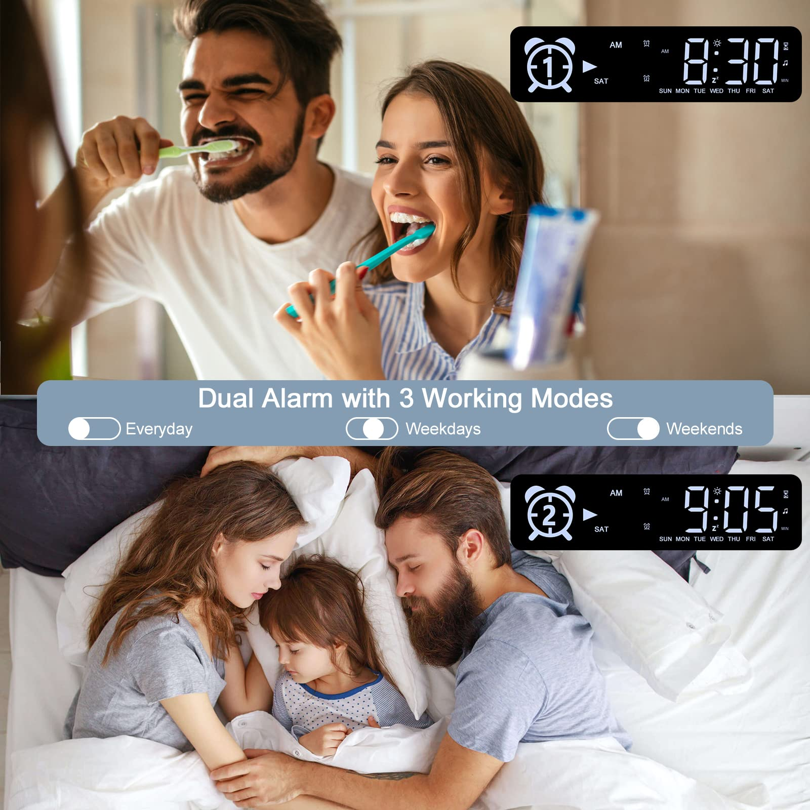 Paar putzt Zähne, Familie schläft. Digitaluhren zeigen 8:30 und 9:05.