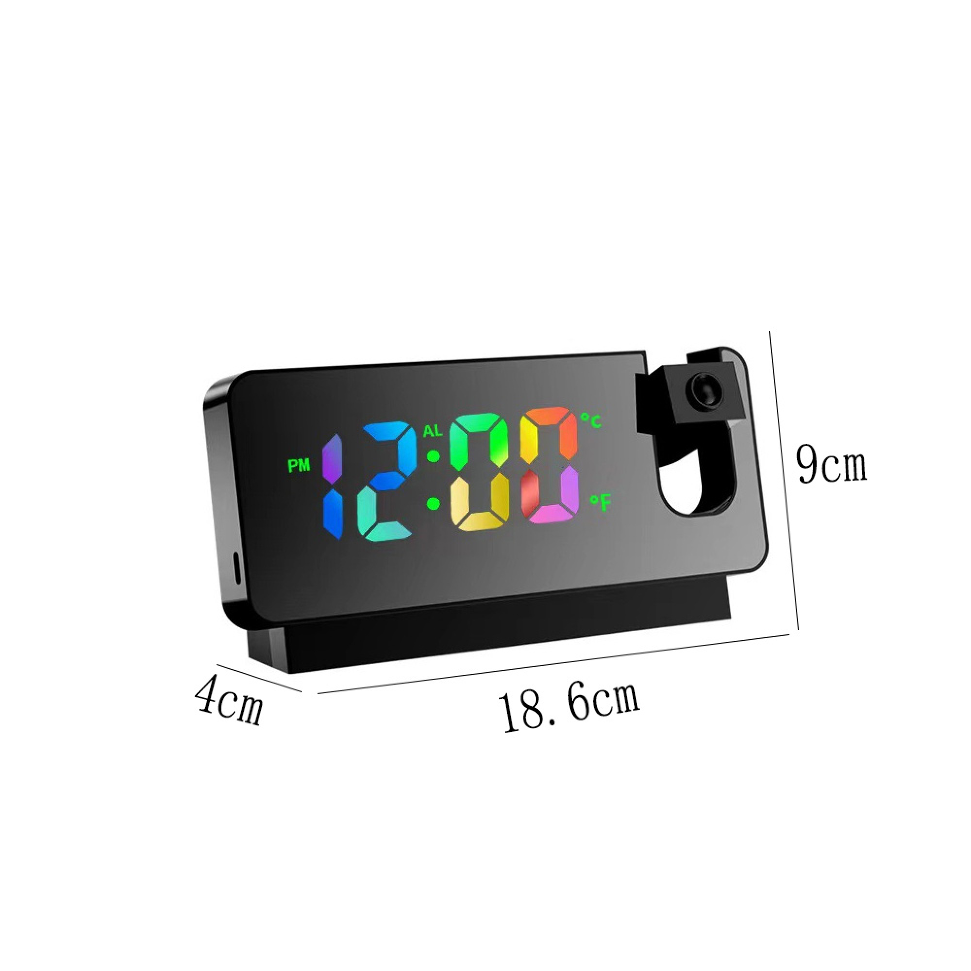 Ein digitaler Projektionswecker mit farbigen Ziffern, der 12:00 Uhr anzeigt.